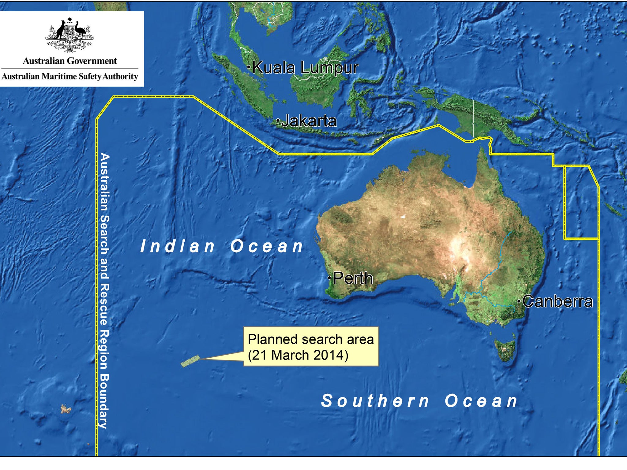 The Australian Maritime Safety Authority map of the planned search area for missing Malaysian Airlines Flight MH370 on March 21, 2014