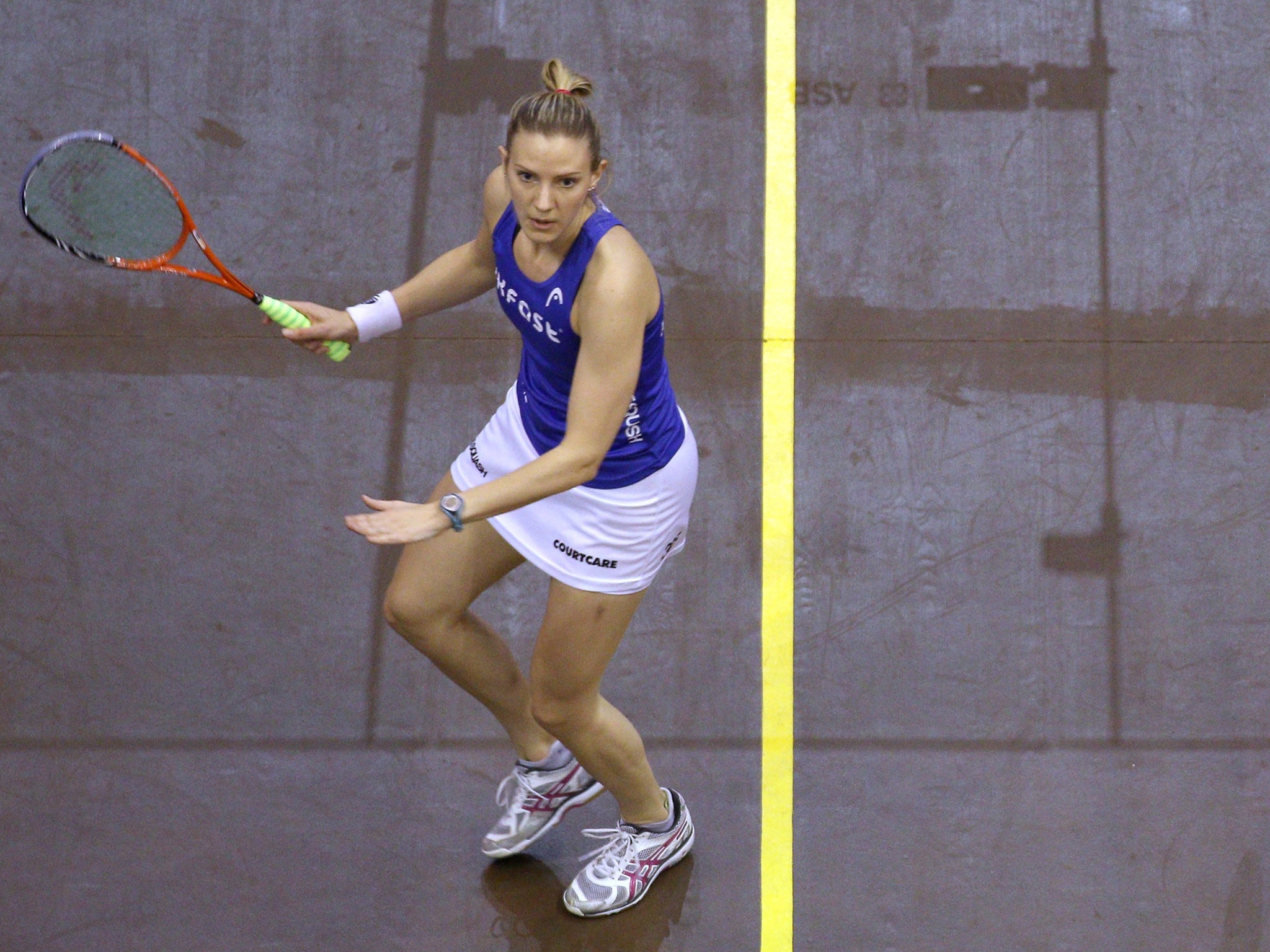 Laura Massaro of England in actions against Raneem El Weleily of Egypt during the Semi Finals of the CIMB Women's World Championship
