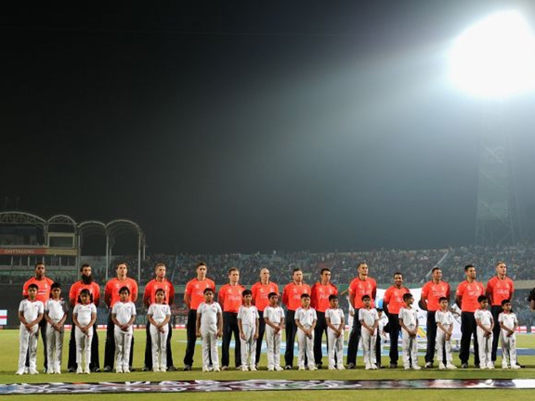 England line up for the national anthem ahead of the ICC World Twenty20  match between England and New Zealand in Chittagong, Bangladesh