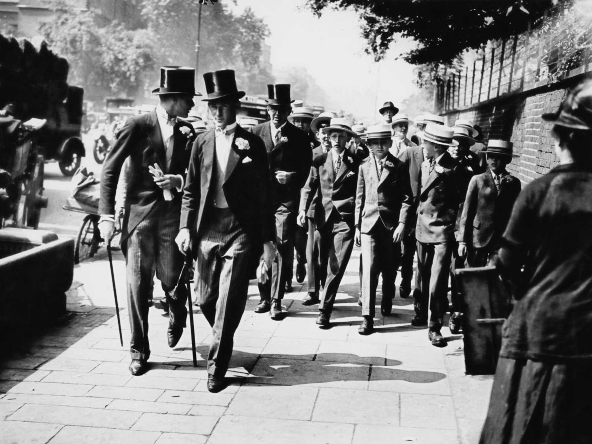 Eton schoolboys arriving at Lord's Cricket Ground in 1928. The school is known for populating the upper ranks of government and commerce