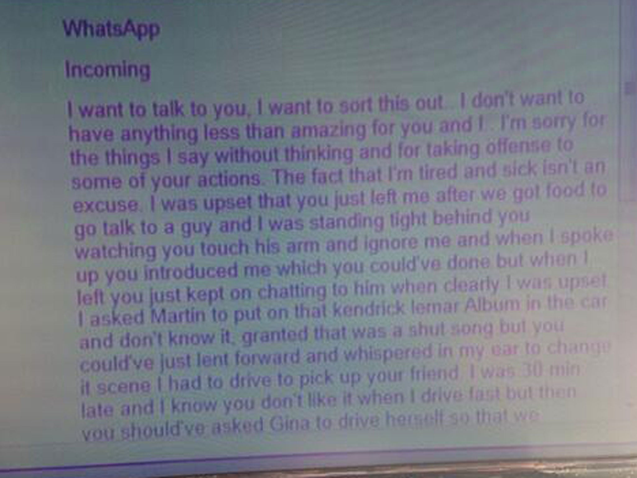 Whatsapp message from Pistorius to Reeva Steenkamp where he accused her of "touching a man's arm" and ignoring him.