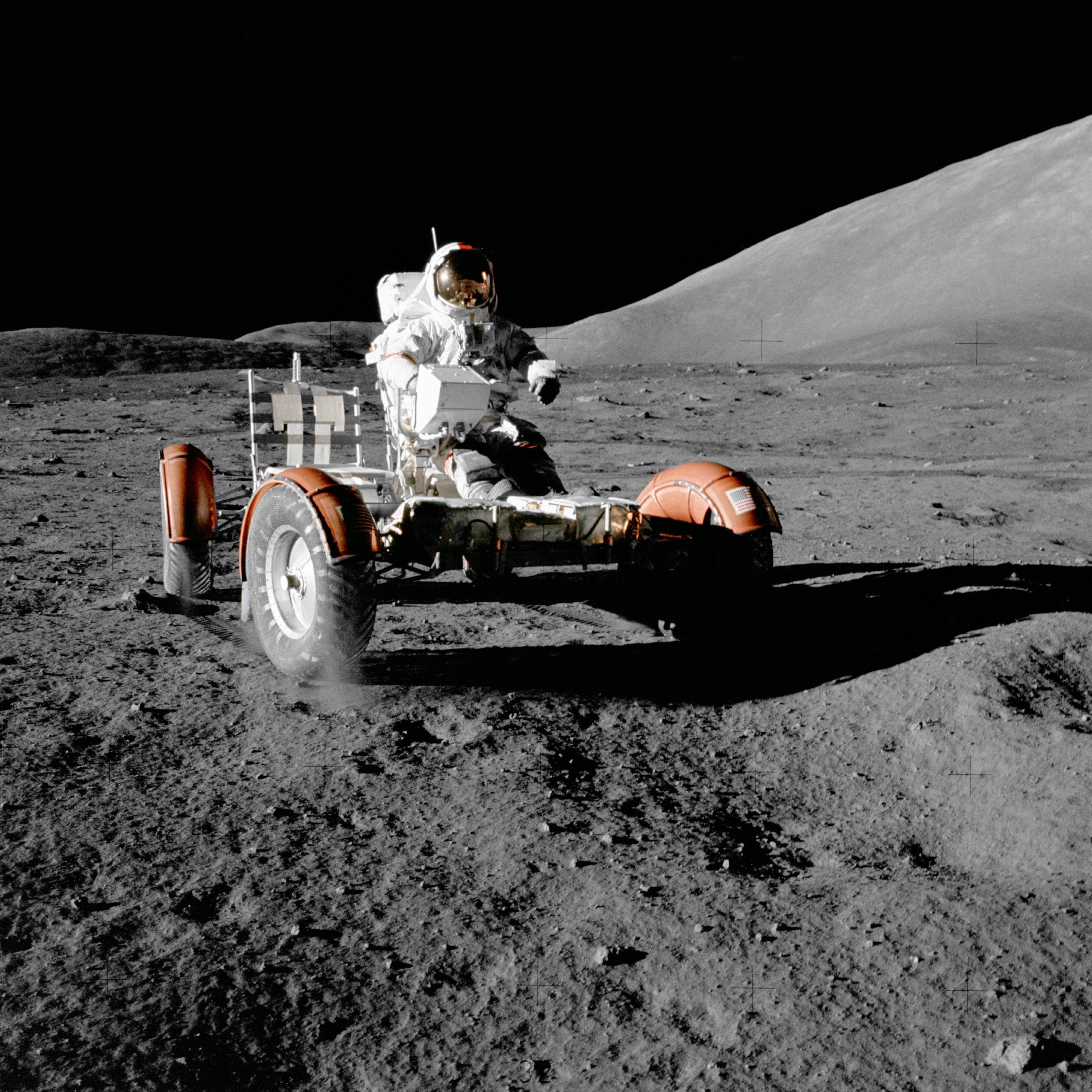 A picture taken of astronaut Gene Cernan aboard the Lunar Rover during the Apollo 17 landings.