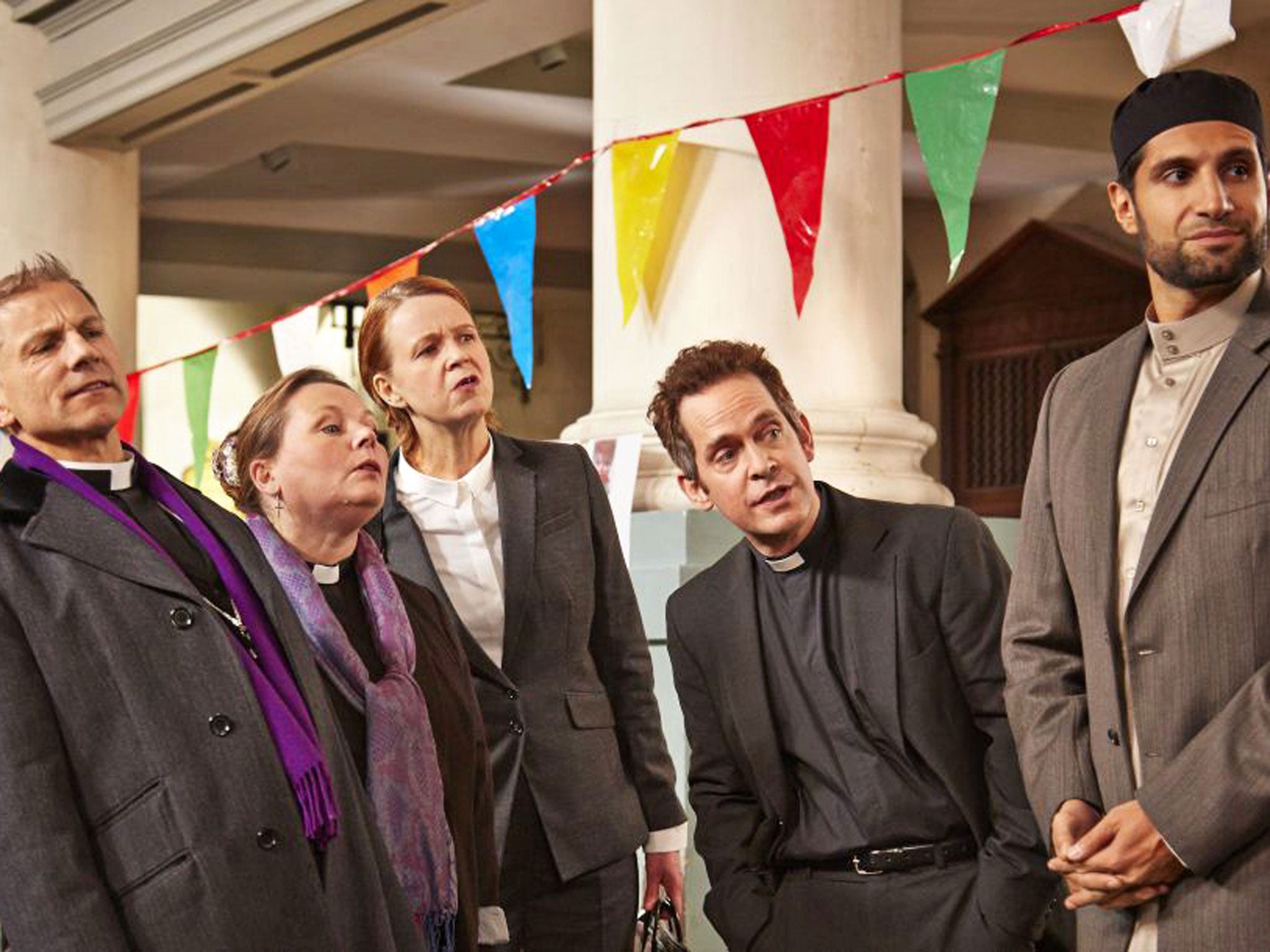 True collars: Simon McBurney, Joanna Scanlan, Vicki Pepperdine, Tom Hollander and Kayvan Novak in 'Rev'