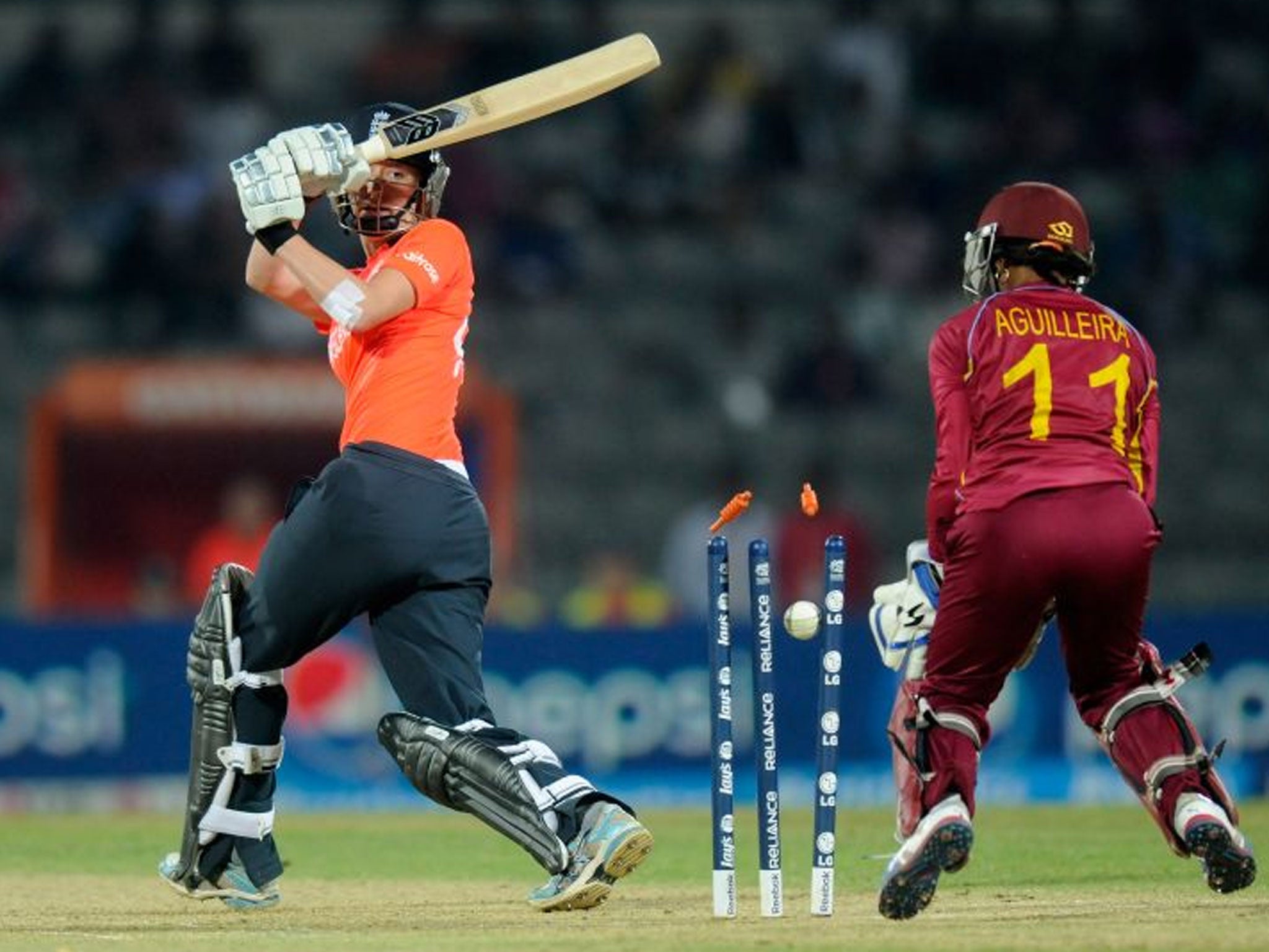 Jodie Dibble is bowled by Shakera Selman during England’s defeat to West Indies yesterday