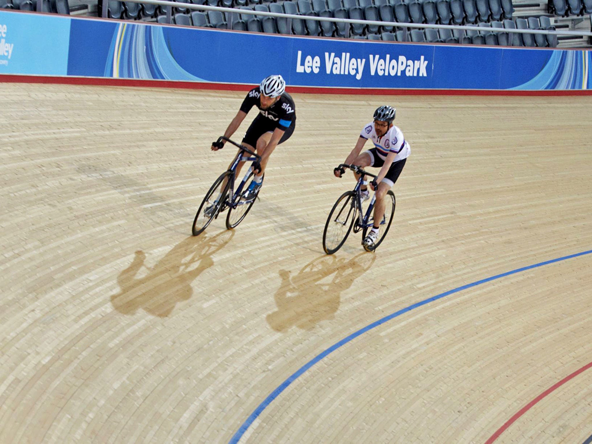 Ring cycle: Simon Usborne (in black) in the Lee Valley velodrome