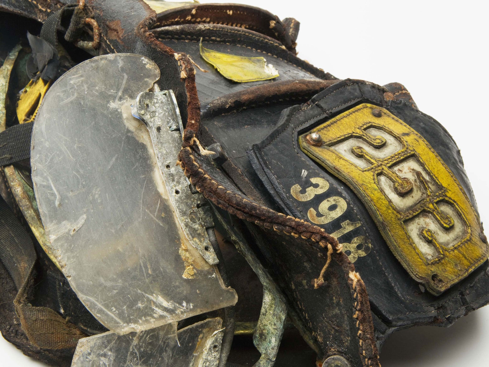 A recovered FDNY Squad 252 helmet belonging to deceased FDNY member Kevin M. Prior