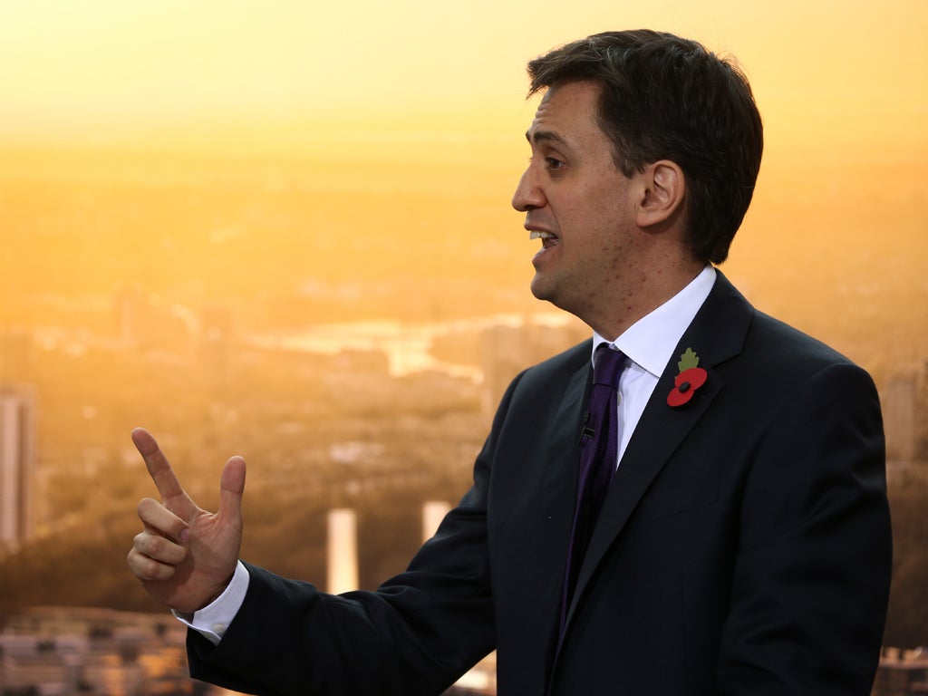 Labour leader Ed Miliband speaks to an audience on dealing with the cost of living crisis and fuel prices at Battersea Power station on November 5, 2013 in London, England. Mr. Miliband spoke inside the Battersea Power station and renewed his attack on en