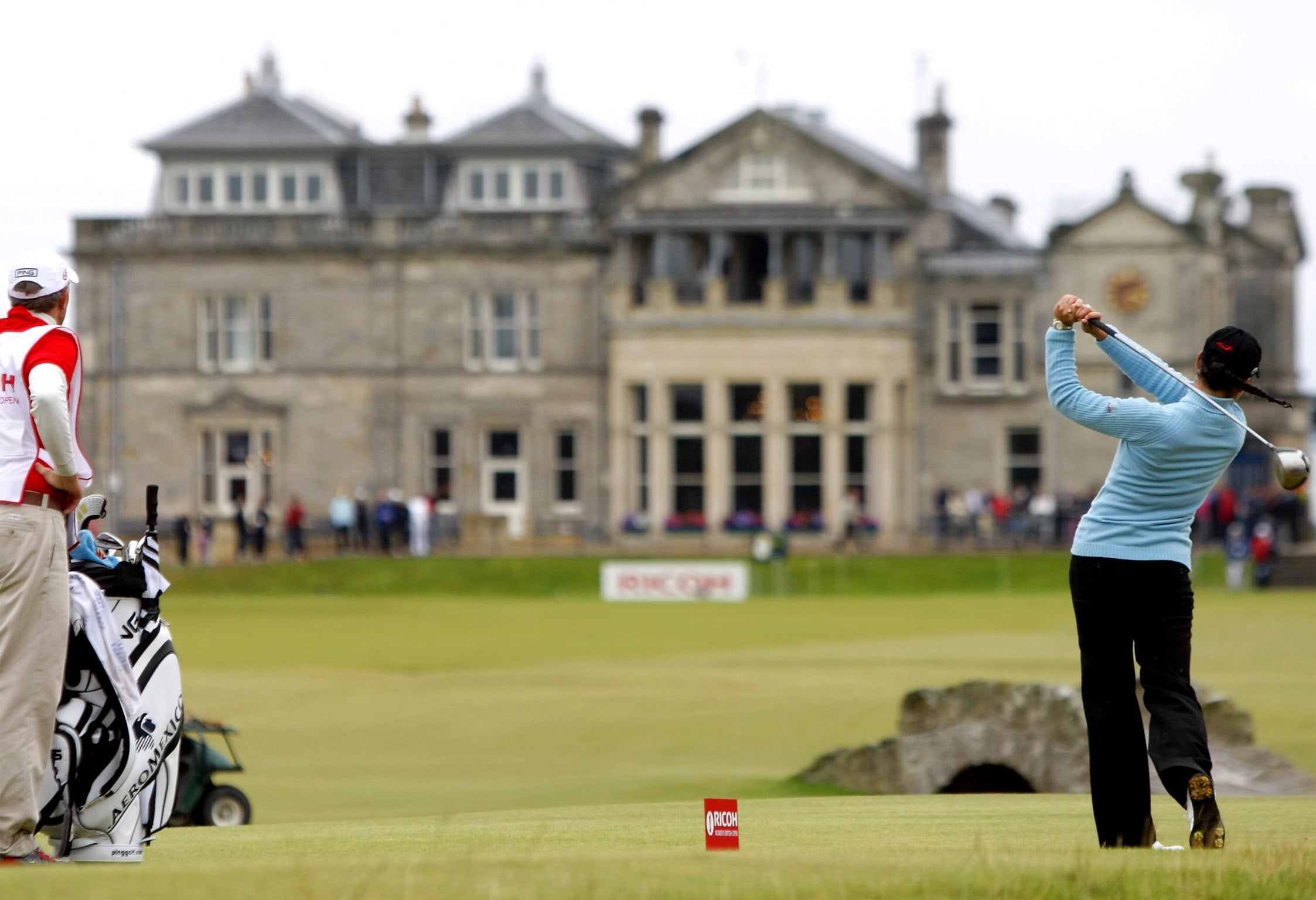 Lorena Ochoa tees off from the 18th with the St Andrews clubhouse in the background, during the 2007 Women's British Open