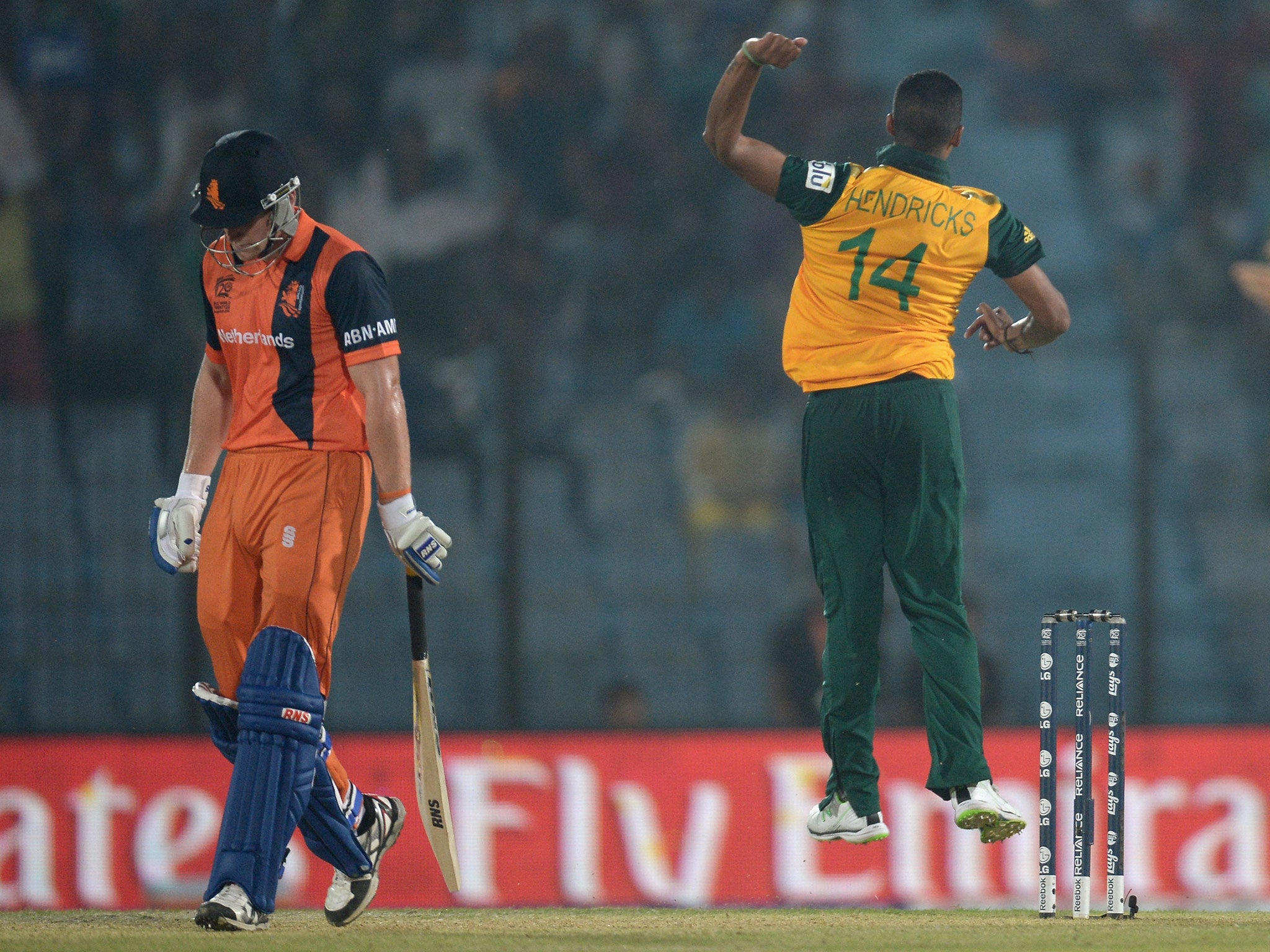 Timm van der Gugten of the Netherlands is dismissed by Beuran Hendricks of South Africa during the ICC World Twenty20