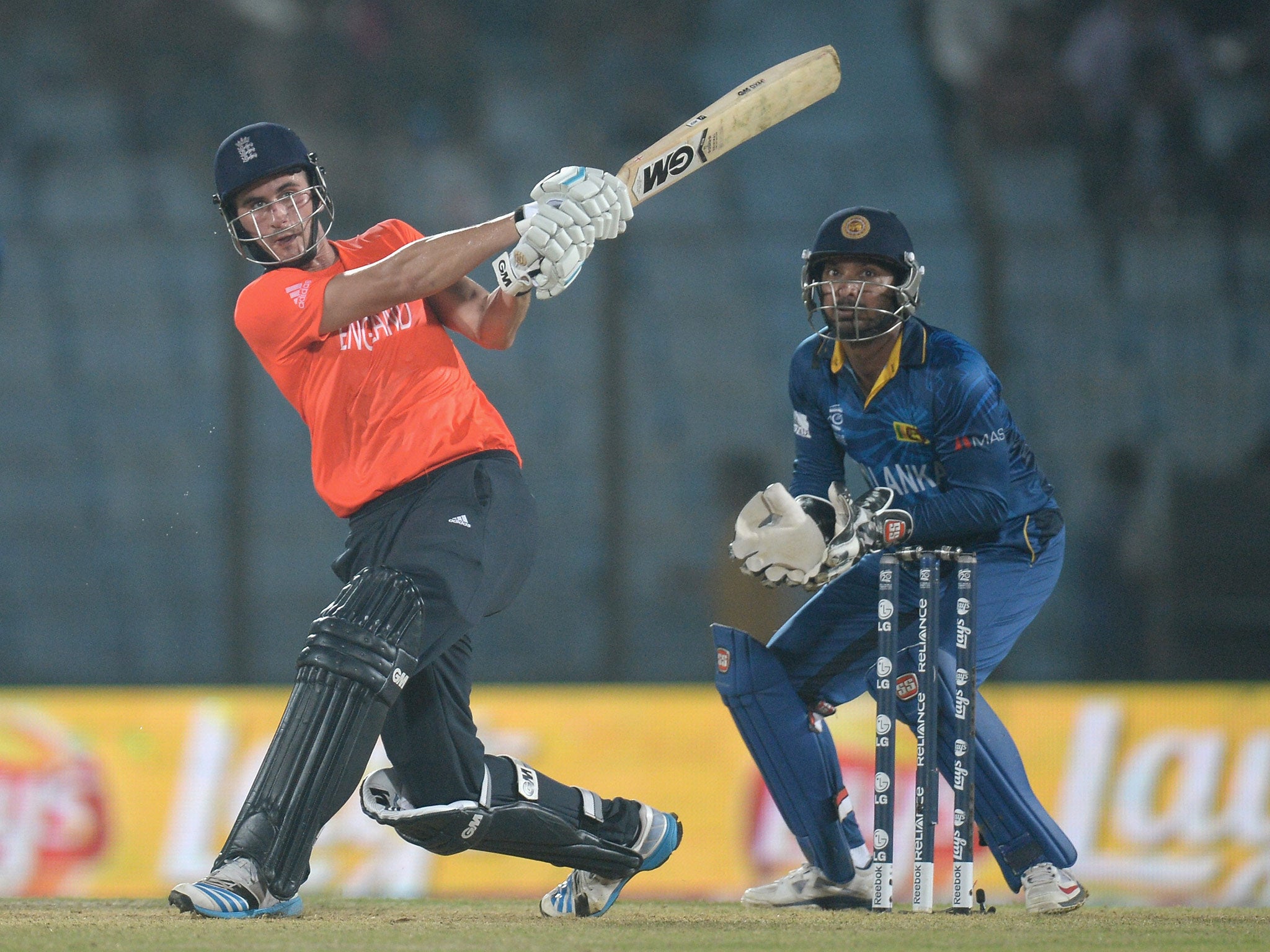 Alex Hales of England hits out for six runs during the ICC World Twenty20 Bangladesh 2014 Group 1 match between England and Sri Lanka at Zahur Ahmed Chowdhury Stadium