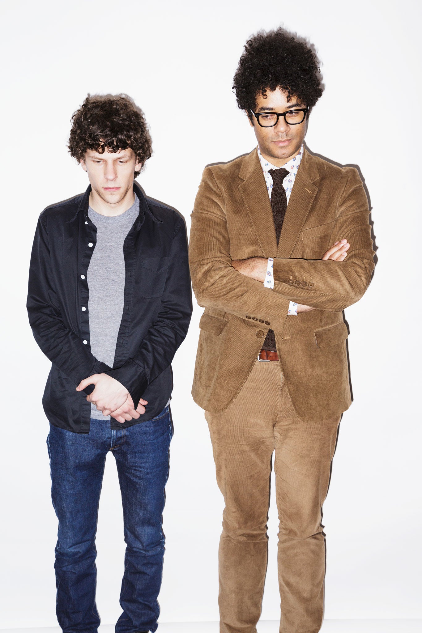 Shy guys: Neither Eisenberg (left) nor Ayoade is particularly comfortable talking about themselves. Or each other