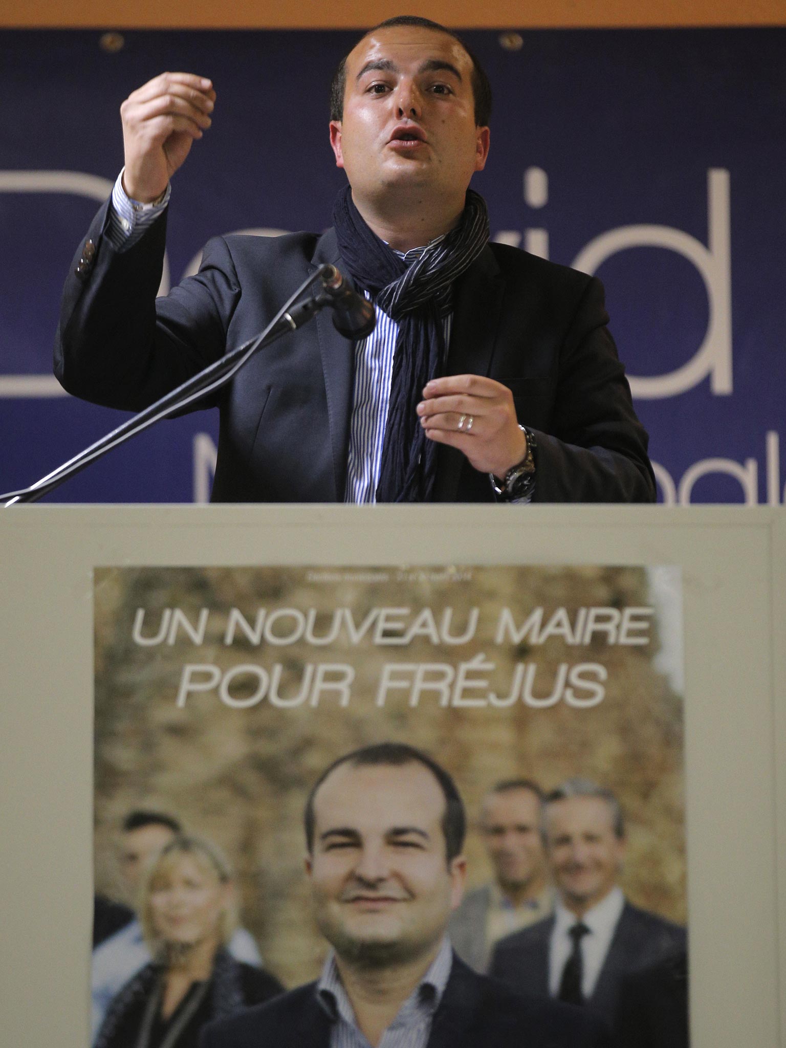 The National Front mayoral candidate for Fréjus David Rachline, 26, campaigns near the town in south-east France on Tuesday (AP)