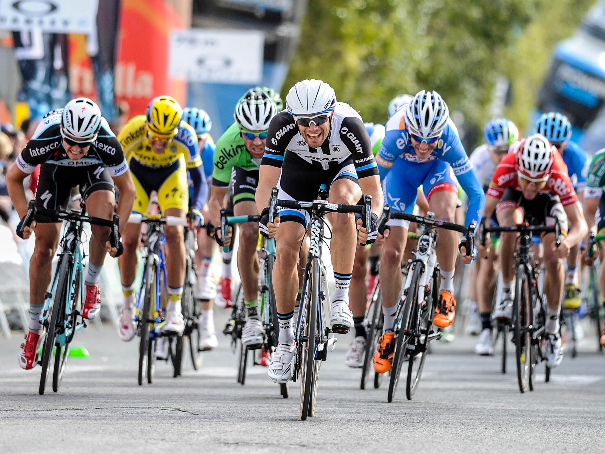 Luka Mezgec pulls clear of the pack in Valls yesterday to win his third sprint finish of the Tour of Catalonia