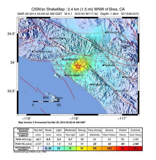 A shake map released by the US Geological Survey (USGS) shows the location and intensity of a 5.1 Richter scale earthquake in California