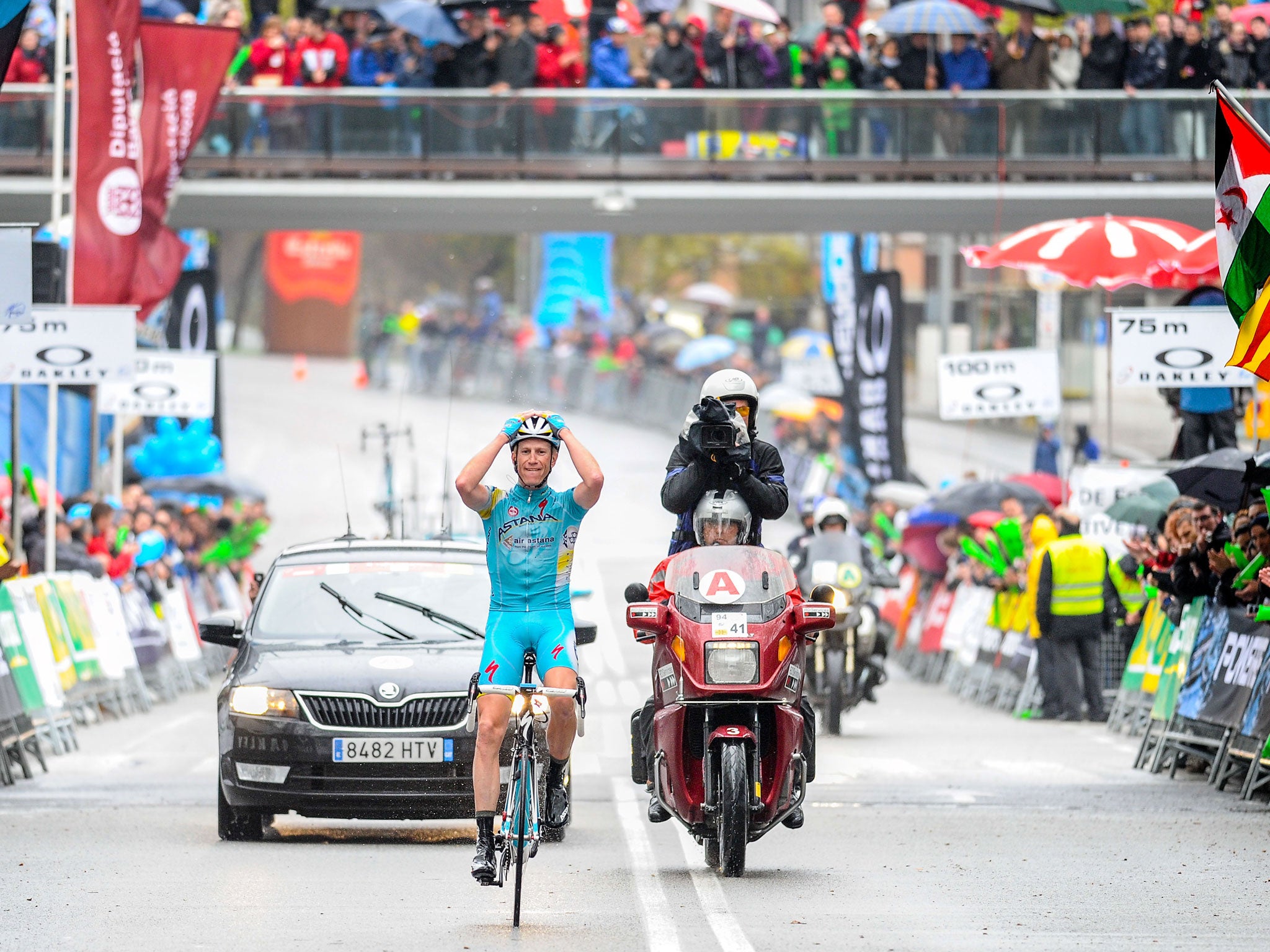 Dutch rider Lieuwe Westra celebrates winning the final stage of the Tour of Catalonia in Barcelona