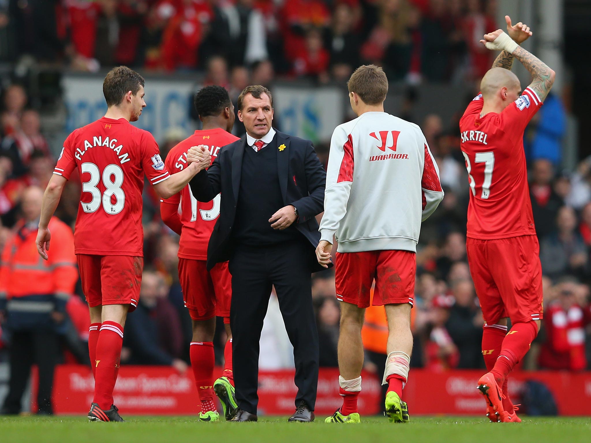 Brendan Rodgers celebrates Liverpool's 4-0 victory over Tottenham last season