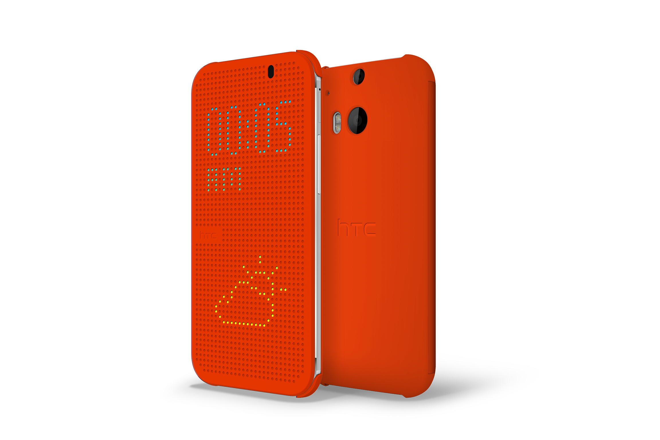 The HTC One M8 with a dot-matrix case in orange