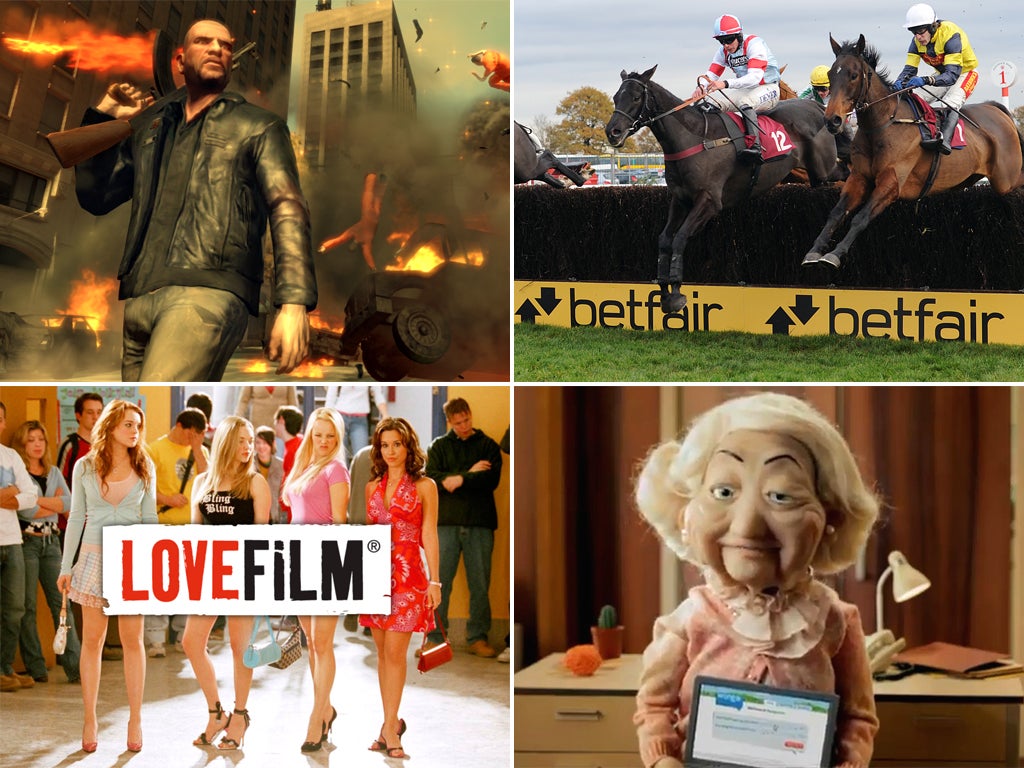 Balderton’s big hitters: (clockwise, from top left) ‘Grand Theft Auto’ which uses Natural Motion’s engine Euphoria; Betfair; Wonga; and LoveFilm