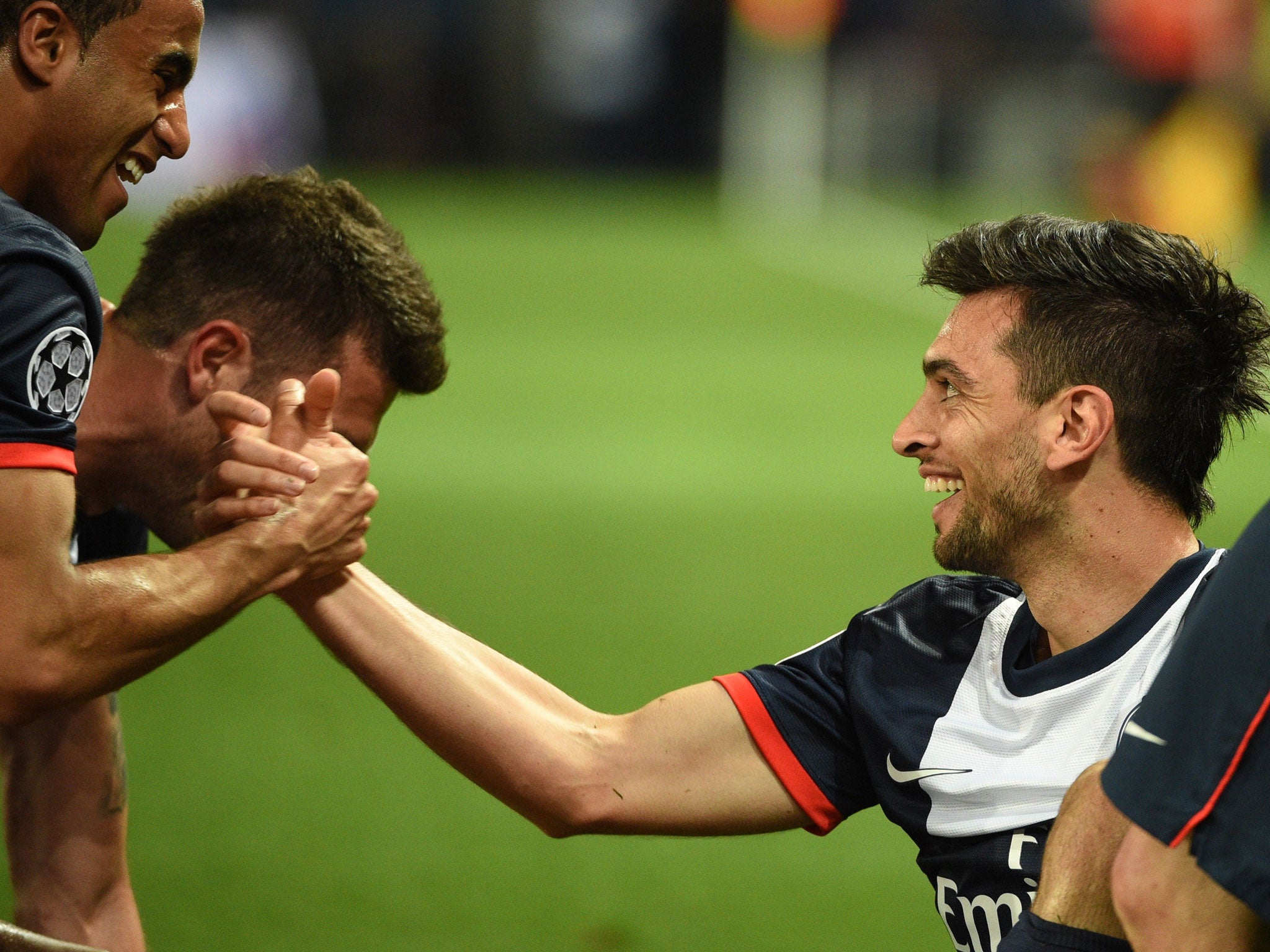 Javier Pastore (right) celebrates his 93rd minute strike for PSG