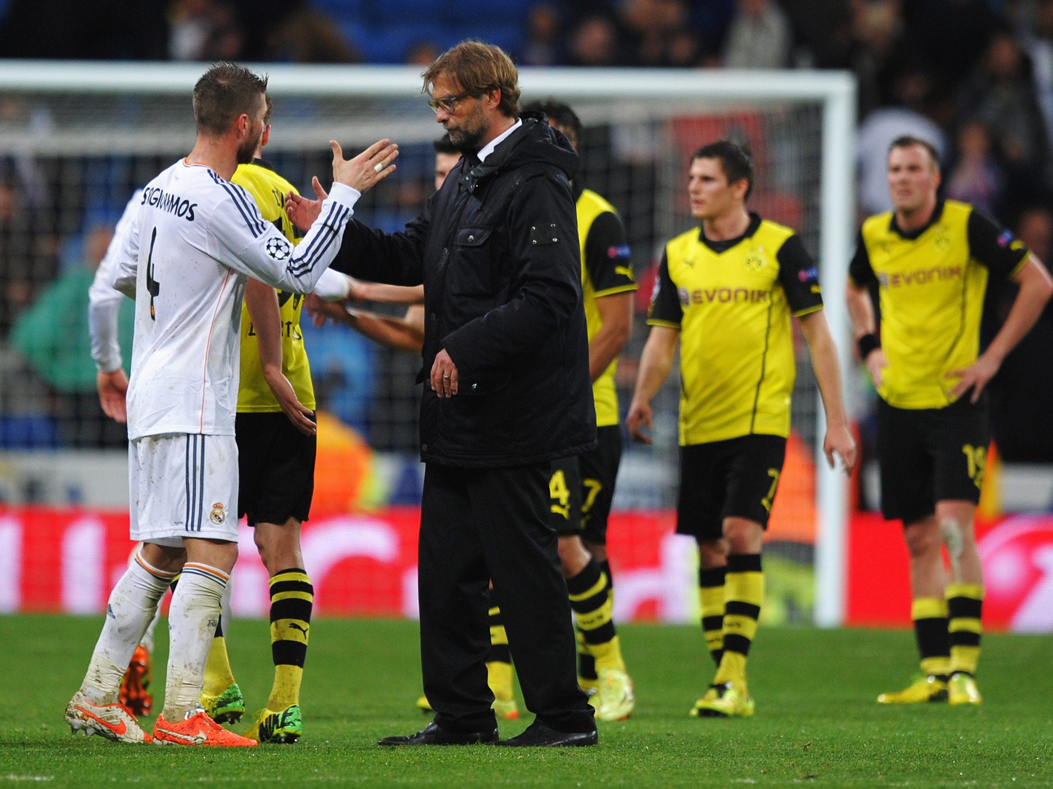 Sergio Ramos of Real Madrid shakes hands with Juergen Klopp, coach of Borussia Dortmund after the Champions League quarter final first-leg