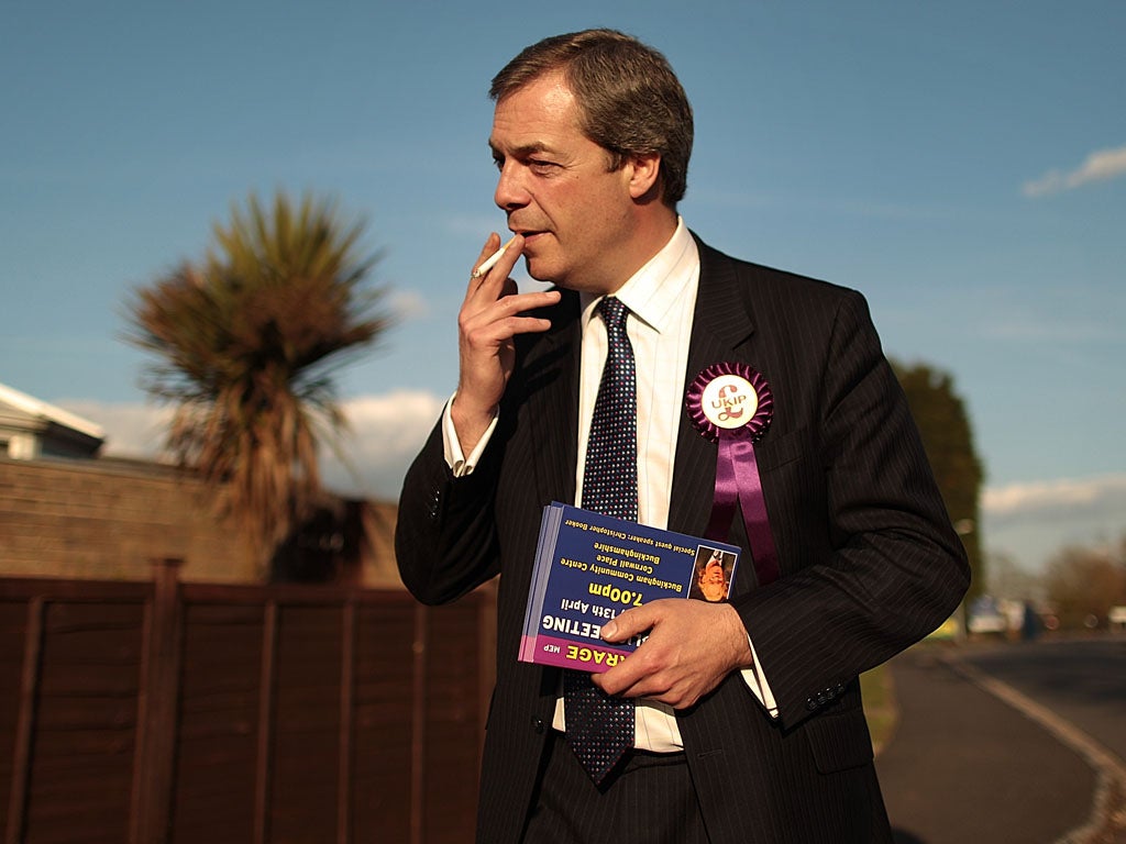 United Kingdom Independence Party (UKIP) member Nigel Farage campaigns on April 8, 2010 in Winslow, England.