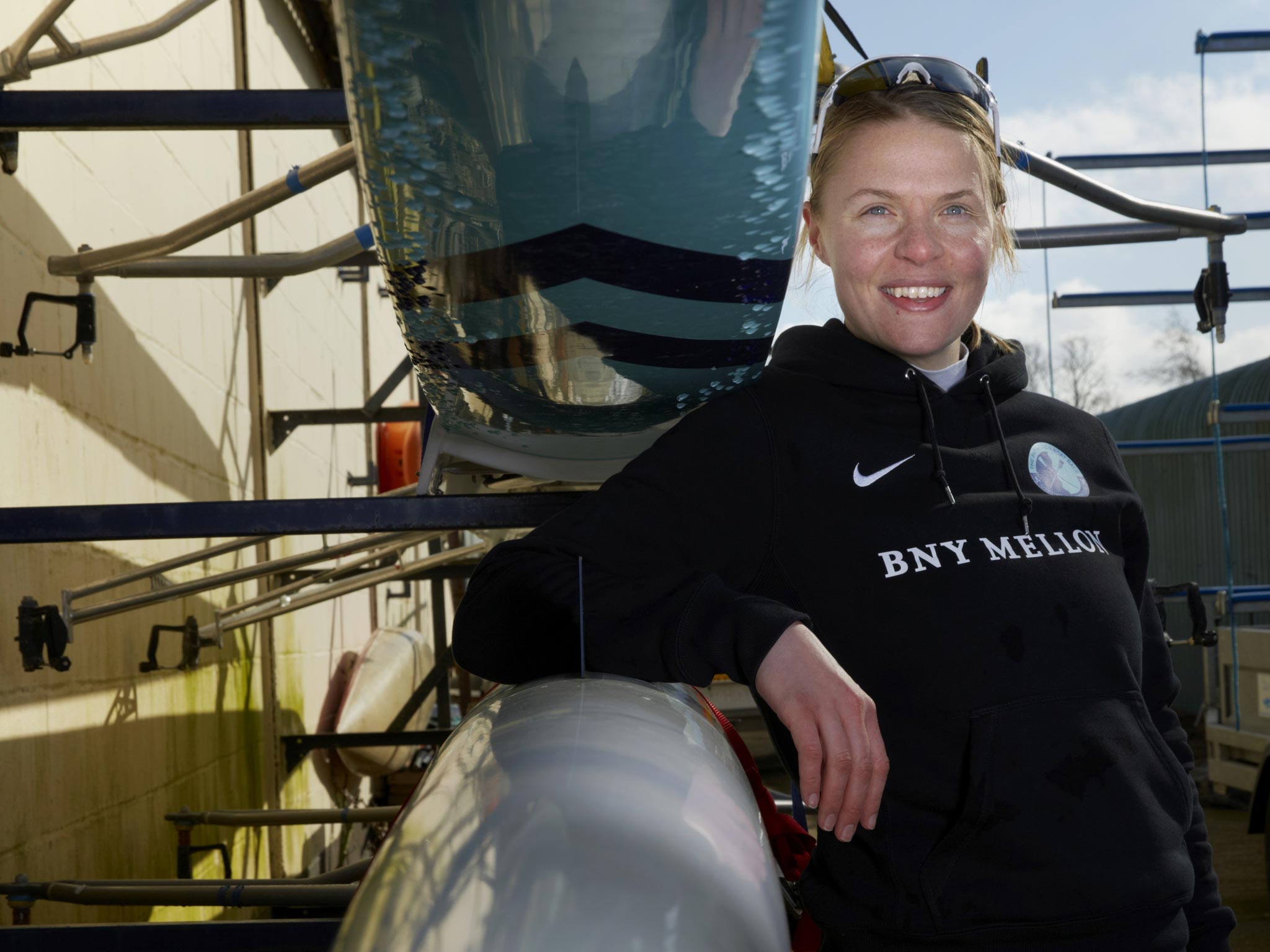 Olympic gold medallist Anna Watkins at Cambridge University Boat Club on the river Ouse at Ely, Cambridgeshire.