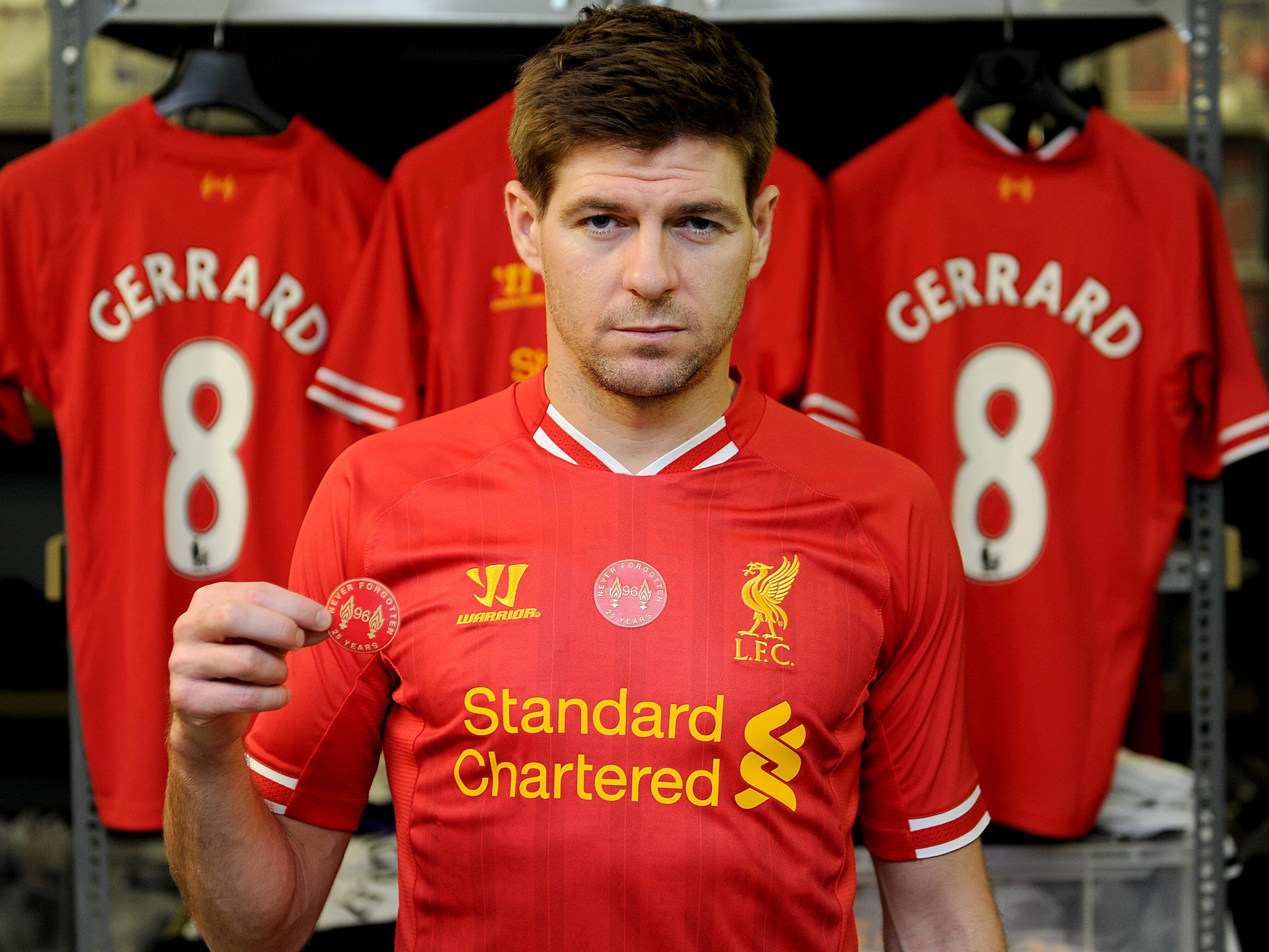 Steven Gerrard with the 'Patch for the 96' badge