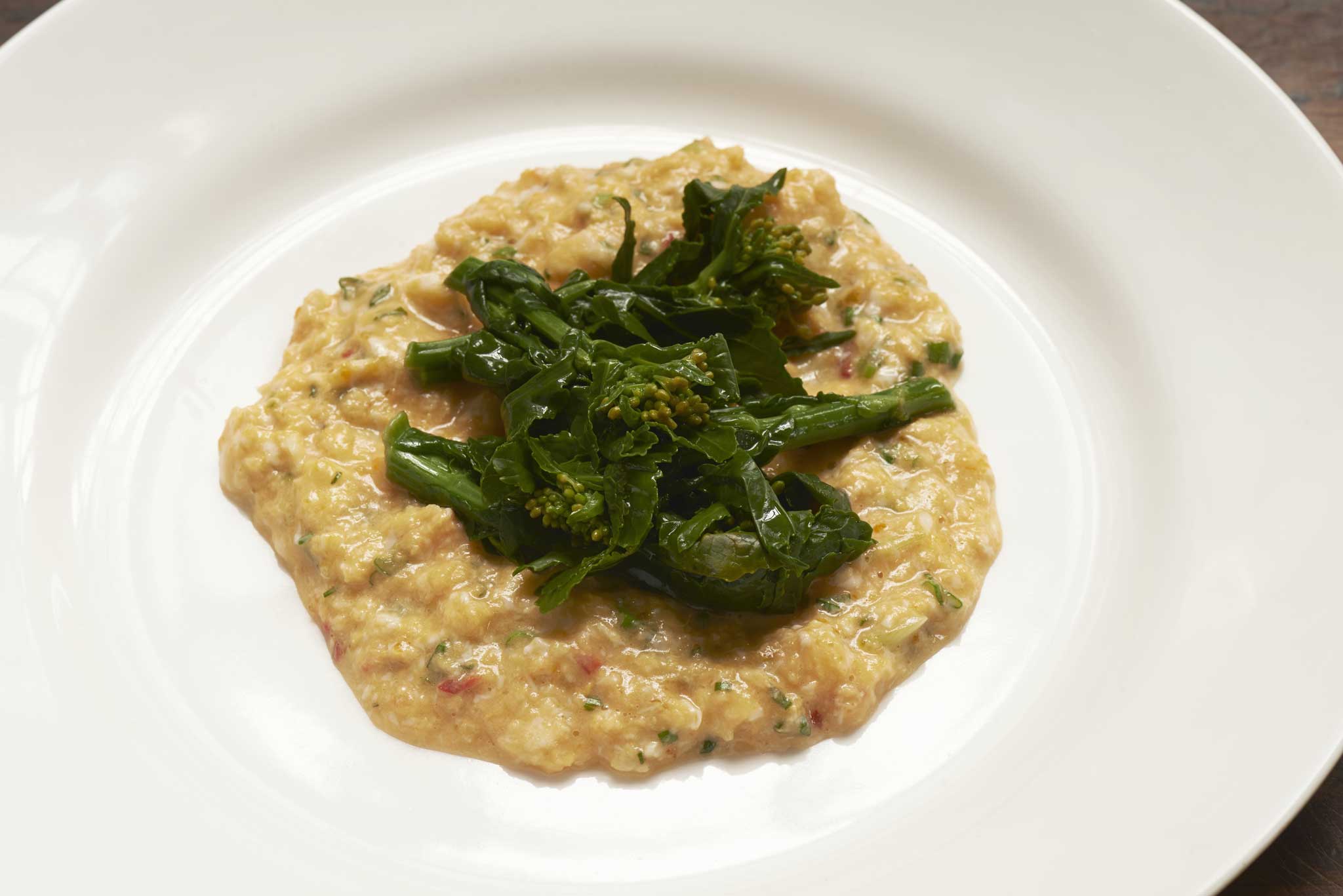 Scrambled eggs with chilli and Rape greens