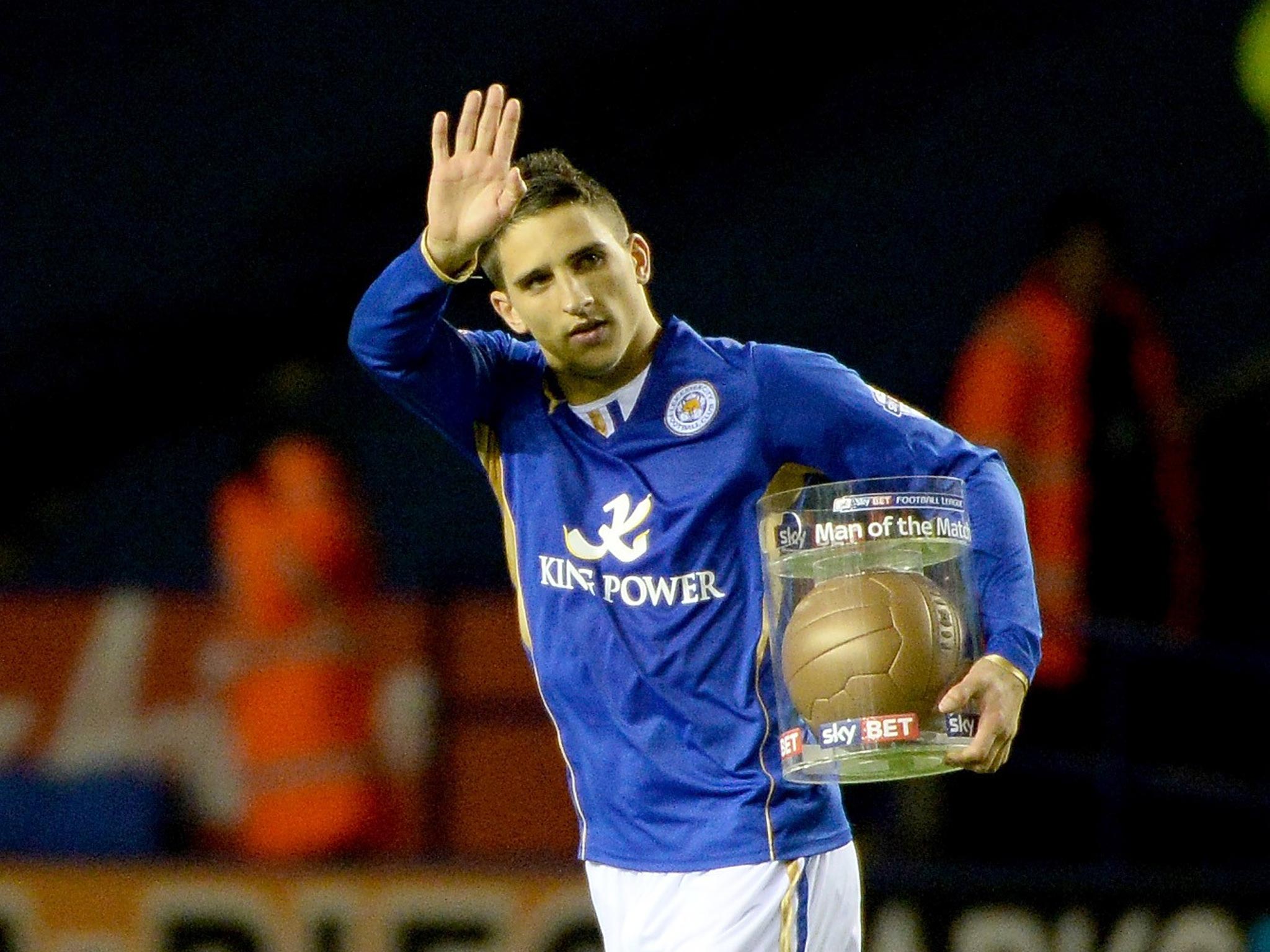 Anthony Knockaert of Leicester celebrates with his man of the match award during the Sky Bet Championship match between Leicester City and Sheffield Wednesday