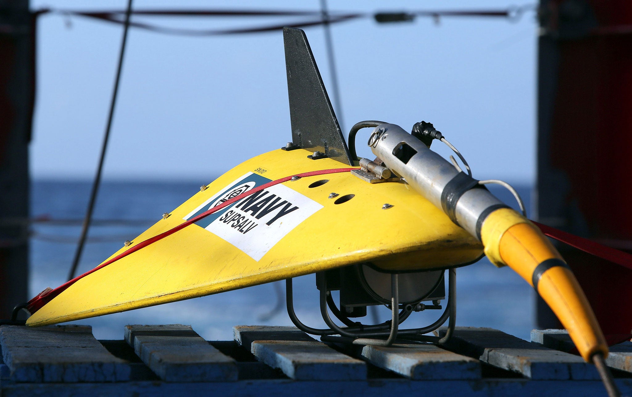 The US Navy's towed pinger locator (TPL-25) sits on the deck of the Australian Defence Vessel Ocean Shield