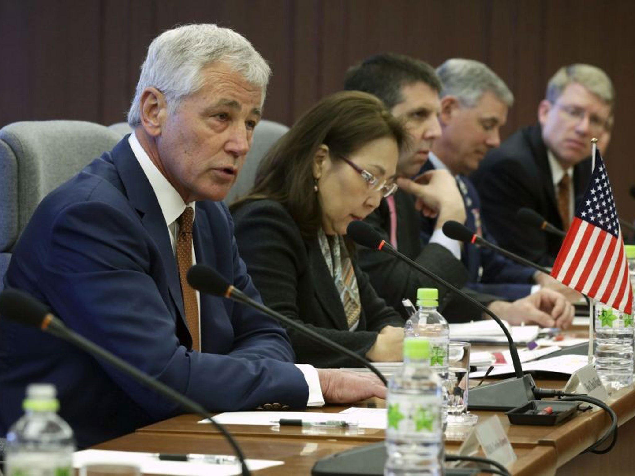 US Defence Secretary Chuck Hagel speaks during a meeting with Japanese Defense Minister Itsunori Onodera at the Japanese Ministry of Defence in Tokyo