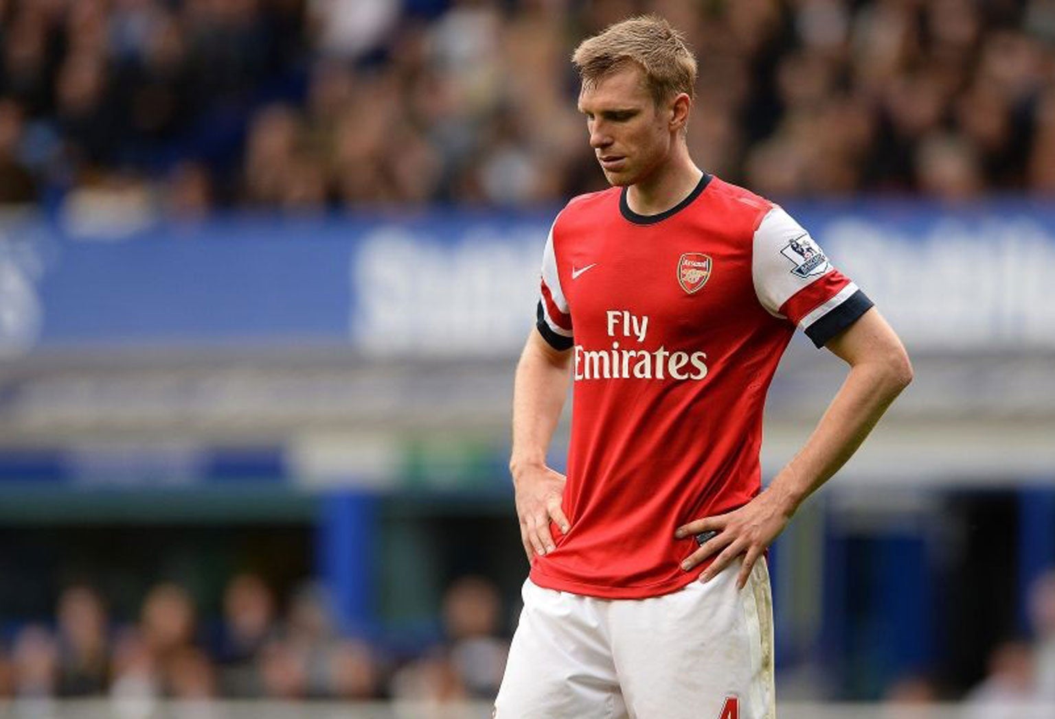 Arsenal's Per Mertesacker reacts during the recent defeat to Everton