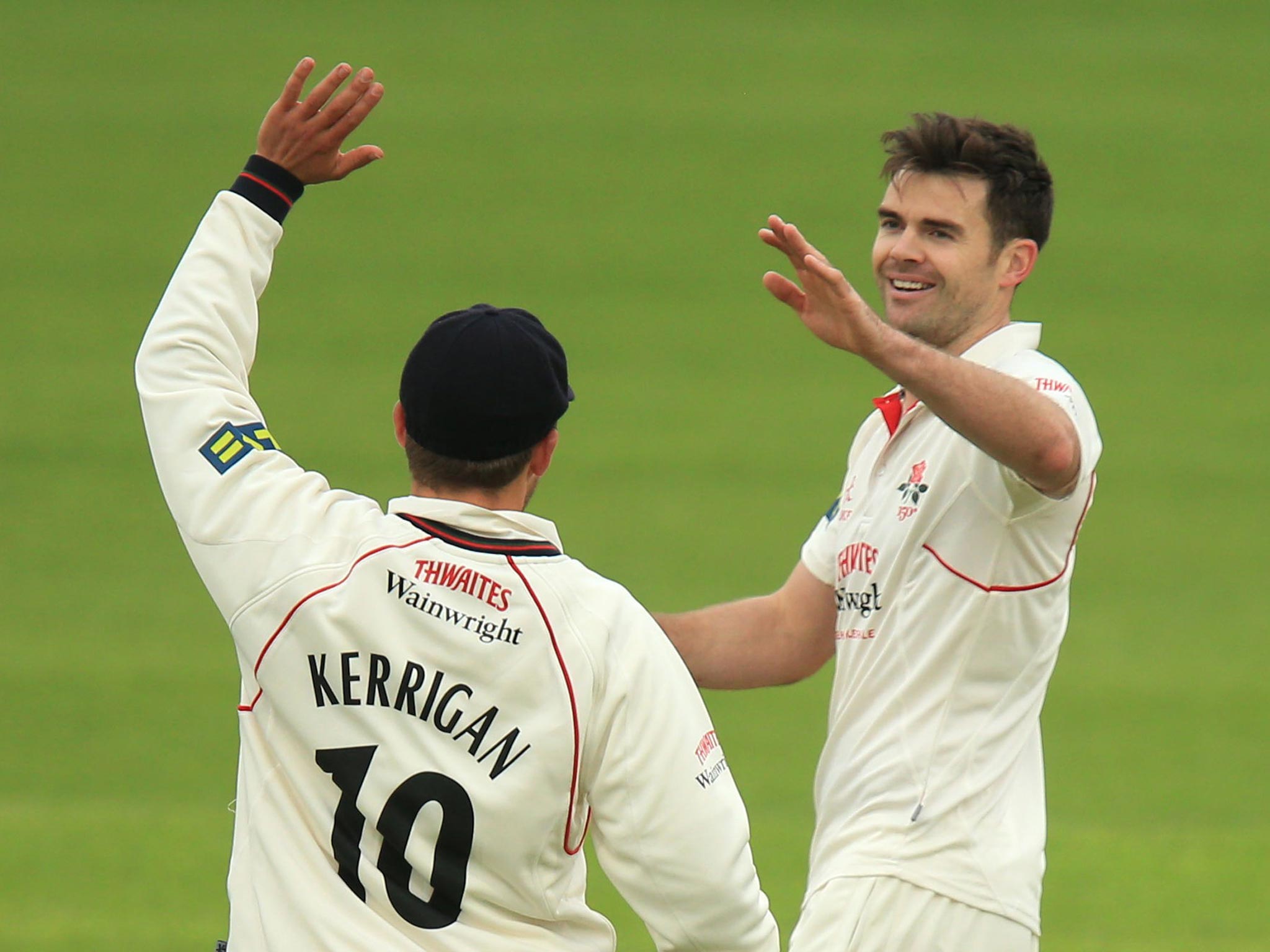 James Anderson celebrates his second of five wickets yesterday