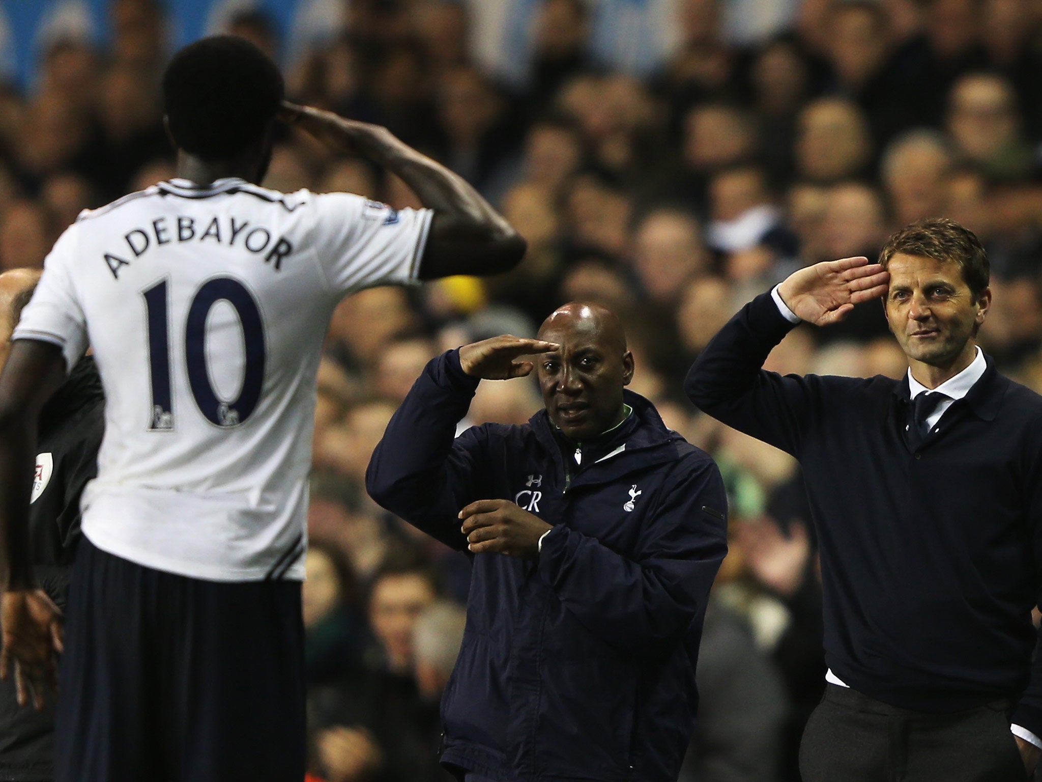 Tim Sherwood during him time at Tottenham, saluting Emmanuel Adebayor