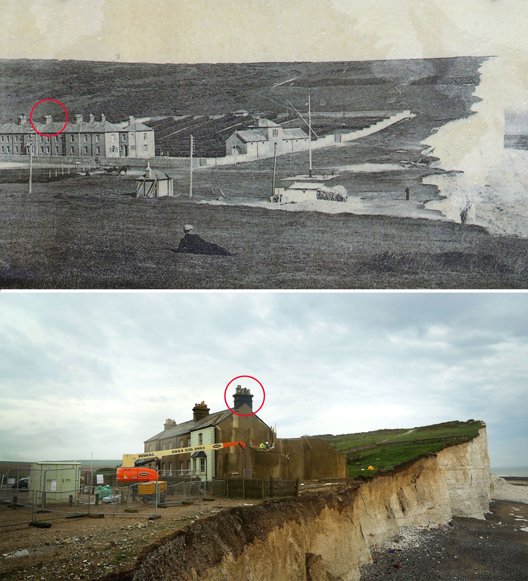 A photograph of Birling Gap near Eastbourne in 1905 (top) and photograph of the cliff today as work continues to demolish a cottage on the cliff edge due to the continuing erosion