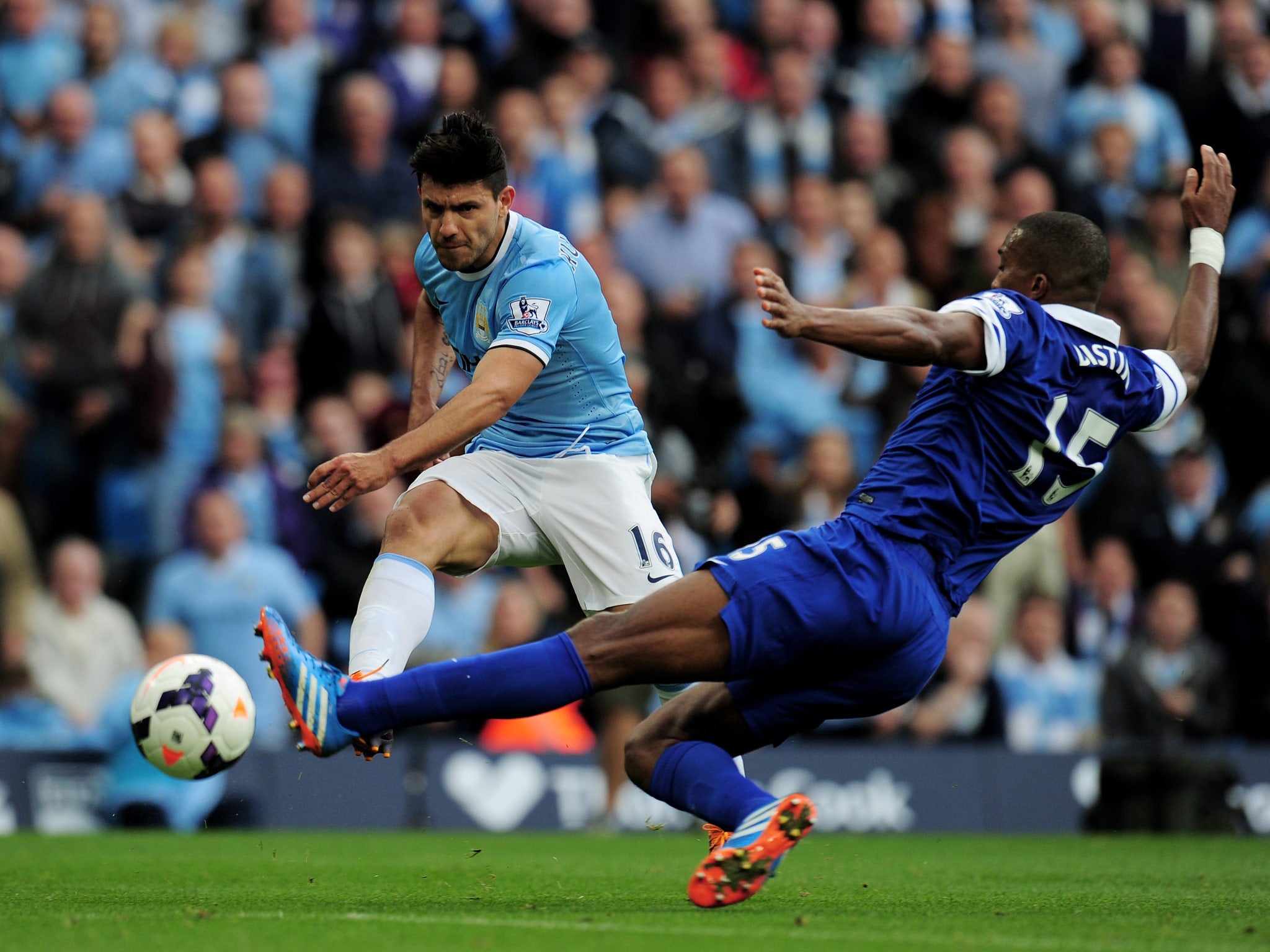 Sylvain Distin up against Sergio Aguero earlier this season