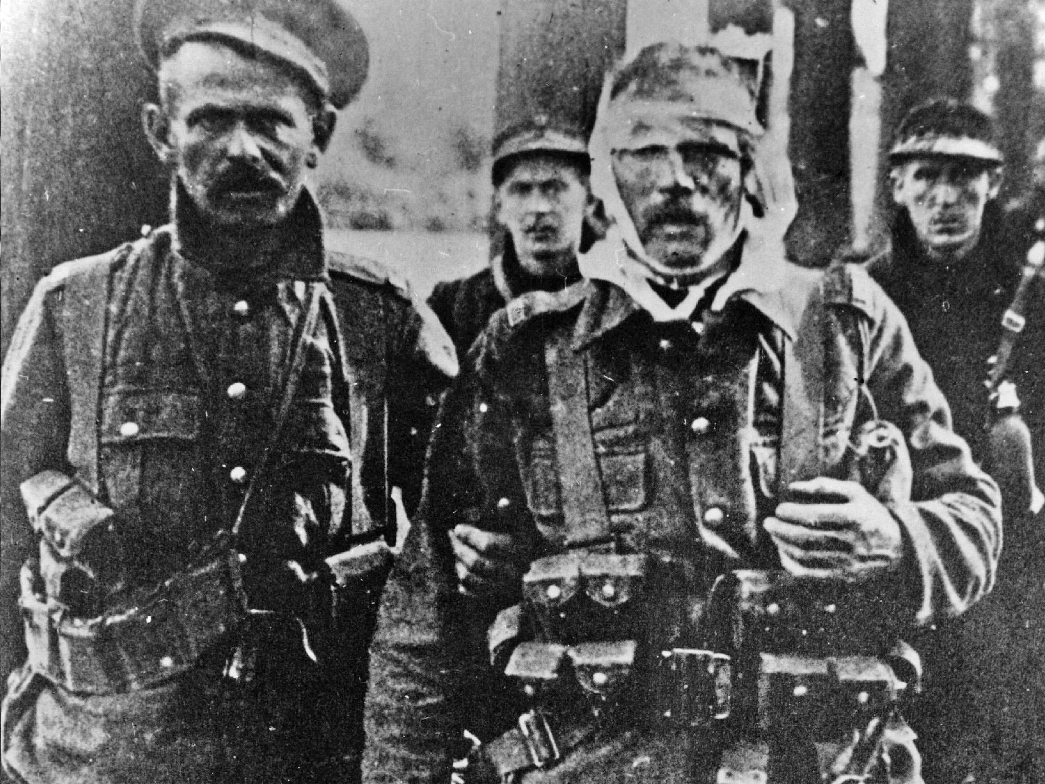 Wounded and exhausted British and Belgian soldiers retreating after the Battle of Mons