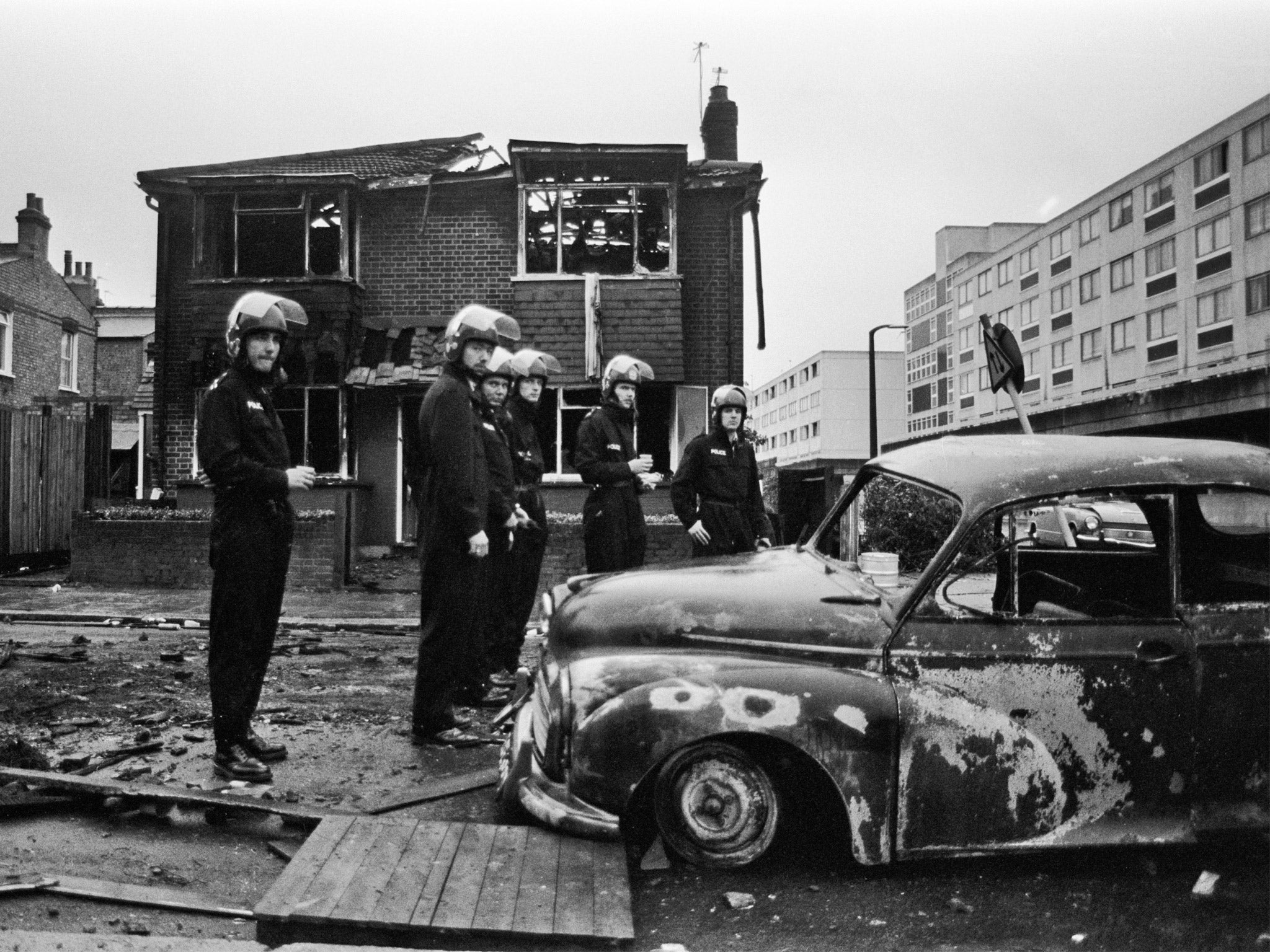 Police on the Broadwater Farm estate in October 1985