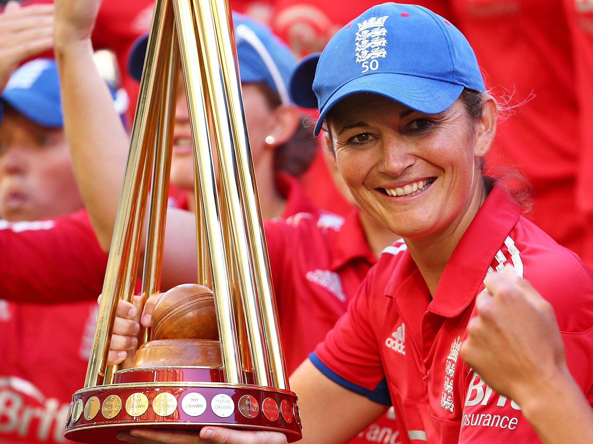Charlotte Edwards with the Women’s Ashes trophy in February
