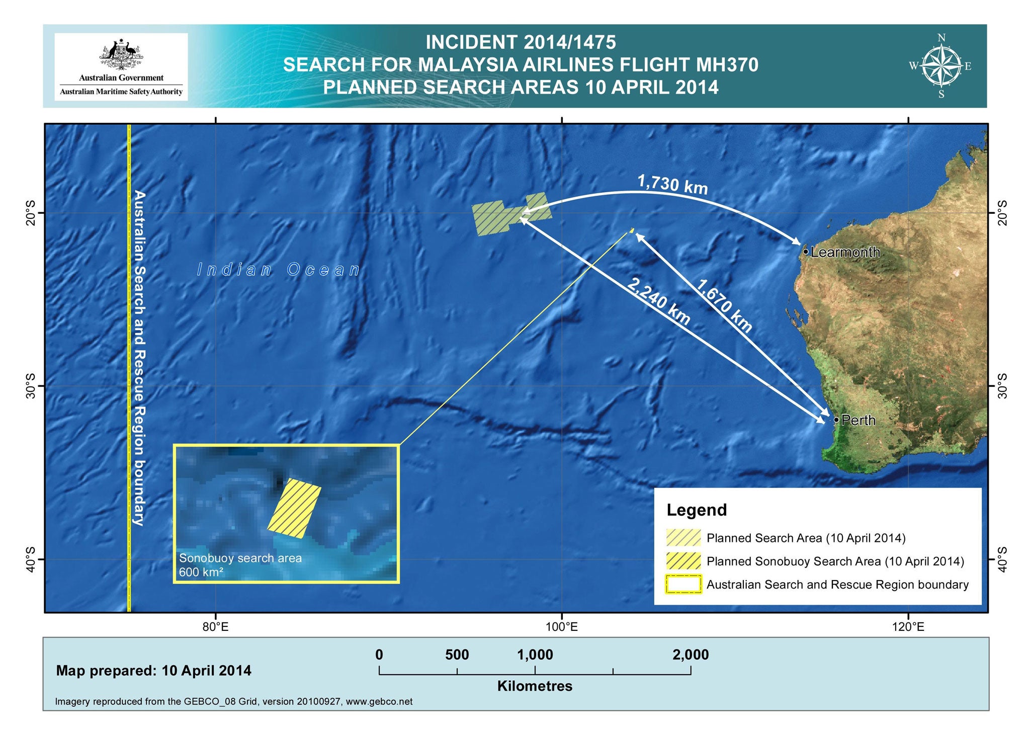 Thursday's search area in the Indian Ocean, west of Australia, where 14 planes and 13 ships are scouring a 22,000 square-mile stretch of water for the wreckage of flight MH370