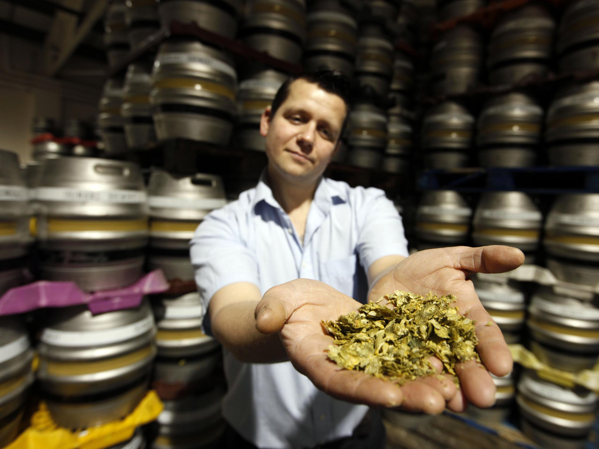 Ben Ott displays some of the hops used to make the beer