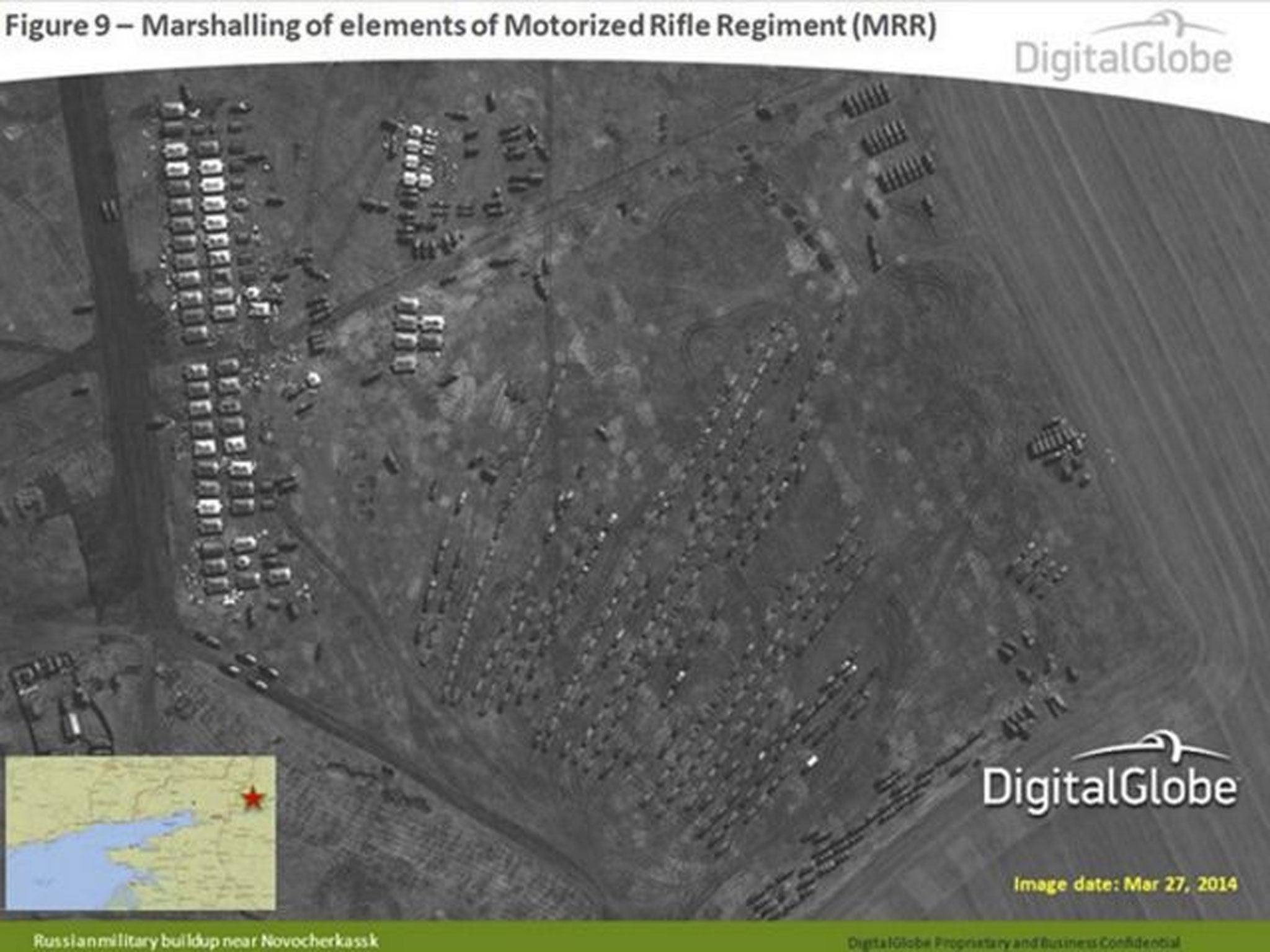 A satellite image provided by Supreme Headquarters Allied Powers Europe (SHAPE) and taken by DigitalGlobe on 27 March shows what is reported by SHAPE to be the marshalling of elements of a Russian Motorized Rifle Regiment (MRR) in Novocherkassk, southern