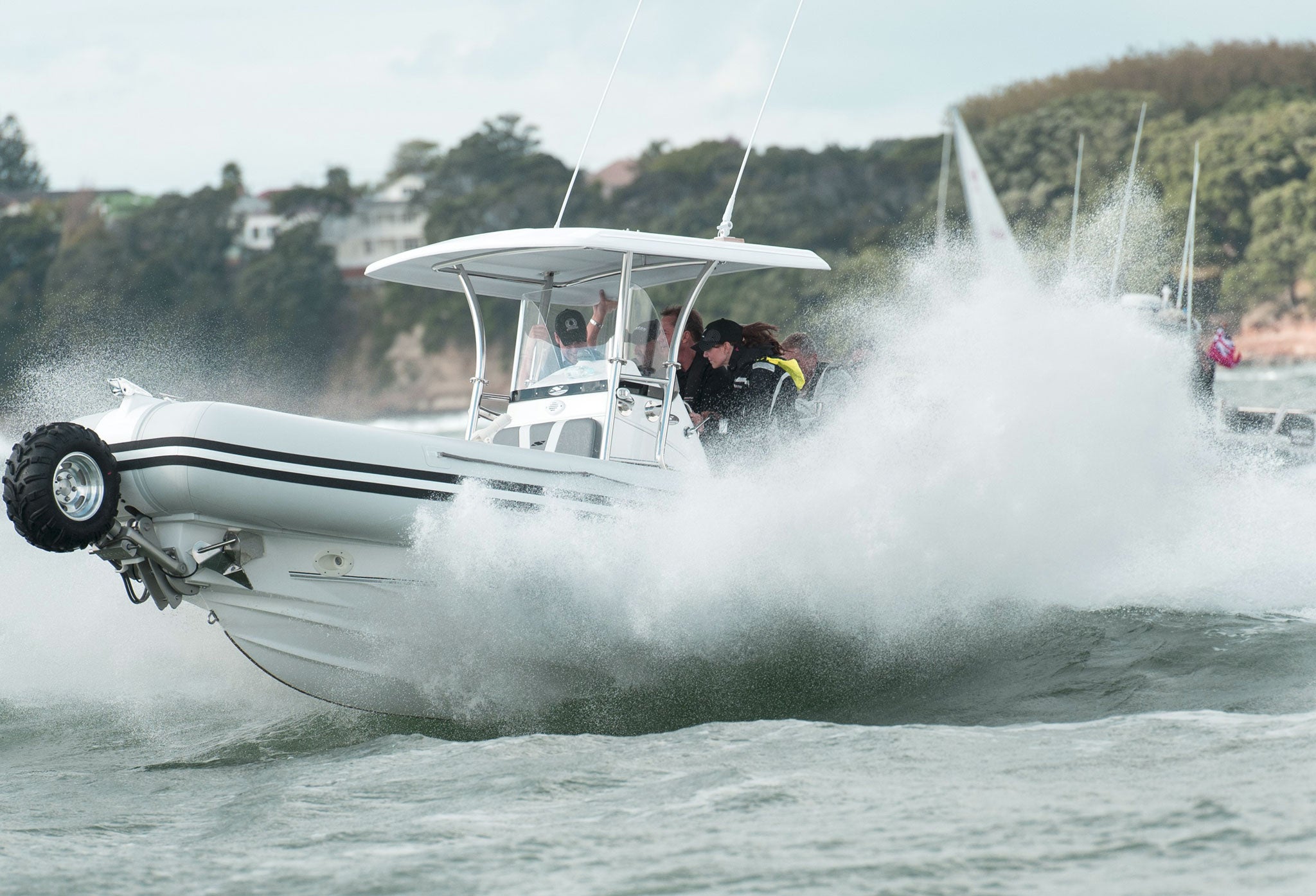 The Duke and Duchess of Cambridge take a Sealegs craft, a boat that can be driven from dry land into the water, to Westpark Marina, where they were given a mini Sealegs boat for Prince George, during the fifth day of their official tour to New Zealand