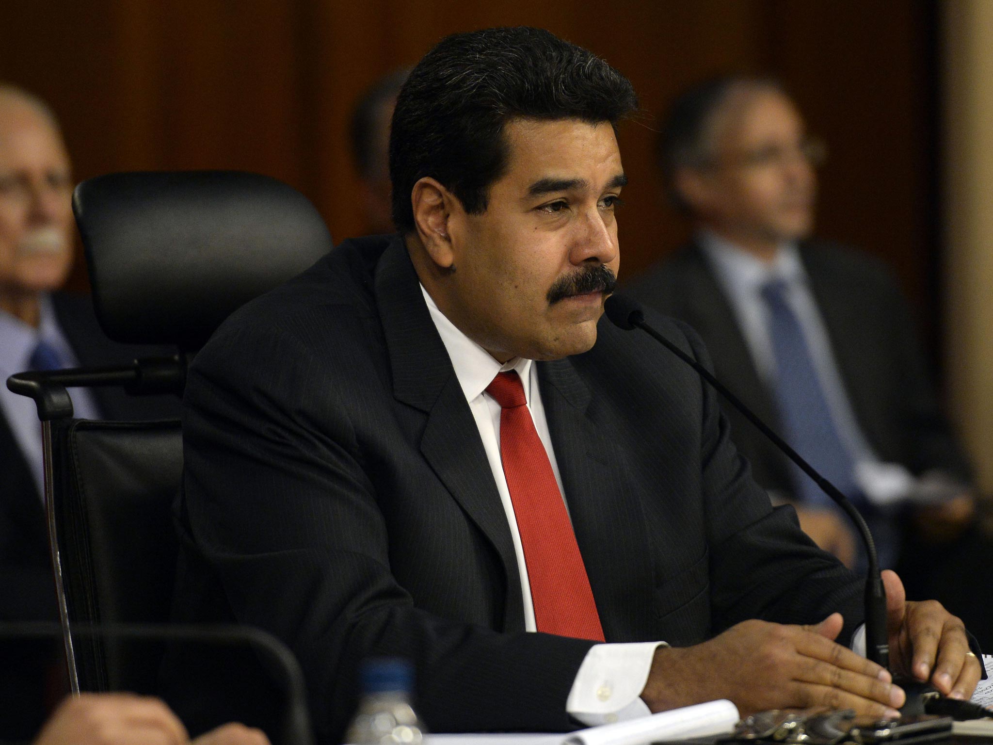 Venezuelan President Nicolas Maduro holds a meeting with Venezuelan opposition leaders and Latin American Foreign Affairs Ministers at the Miraflores presidential palace in Caracas