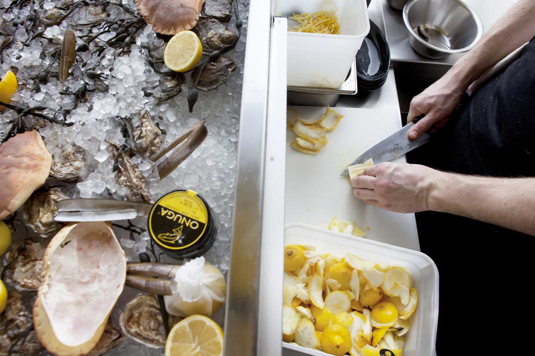 1pm: Shellfish gleams from the raw bar, which is positioned on the dining floor