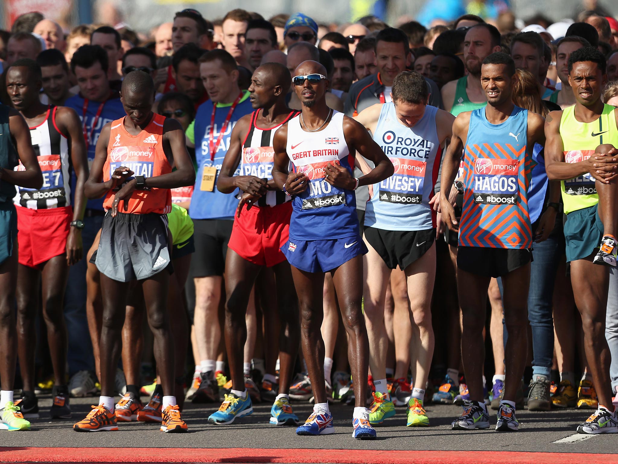 Mo Farah of Great Britain prepares to start the Virgin London Marathon