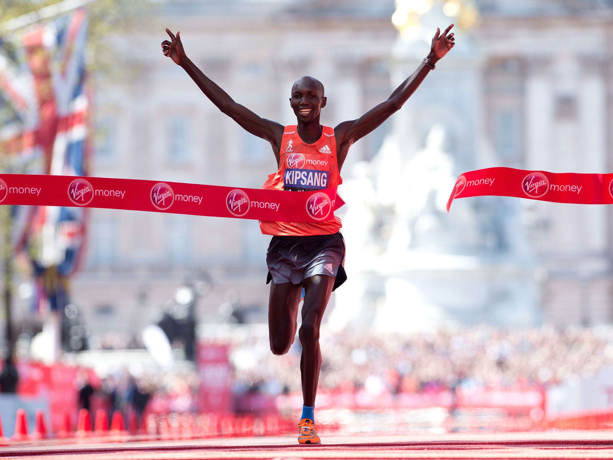 Kipsang pictured winning the 2014 London Marathon on The Mall