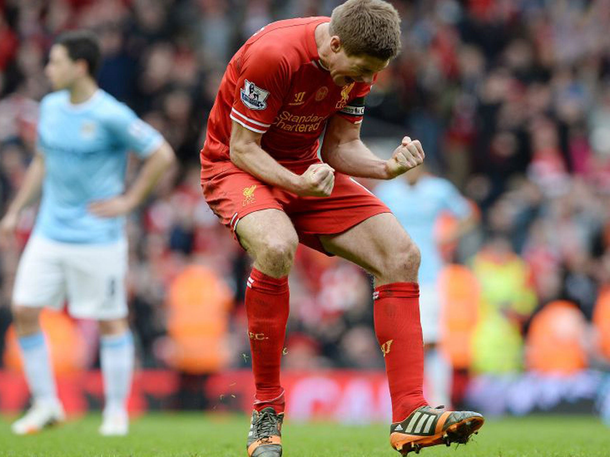 Steven Gerrard can't contain his emotions after Liverpool's 3-2 victory over Manchester City on Sunday