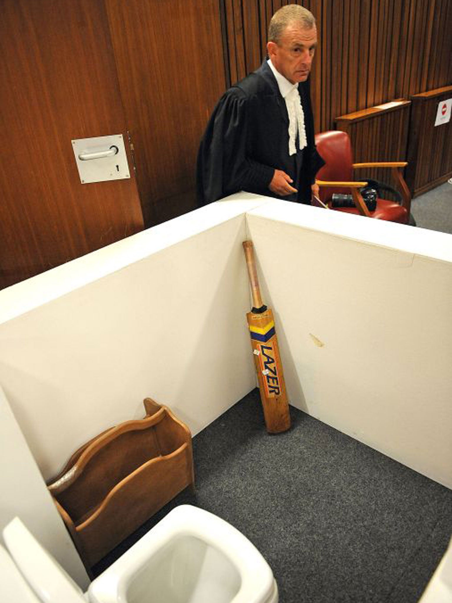 The toilet cubicle in which Reeva Steenkamp was shot was reconstructed in court