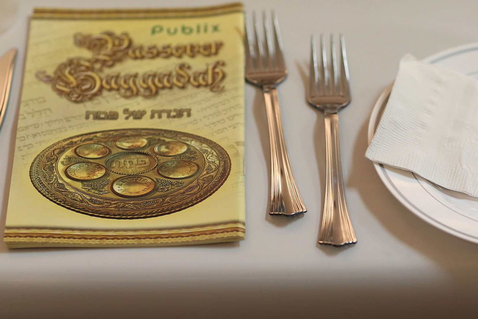 A table is set for a community Passover Seder at Beth Israel synagogue in Miami Beach, Florida.